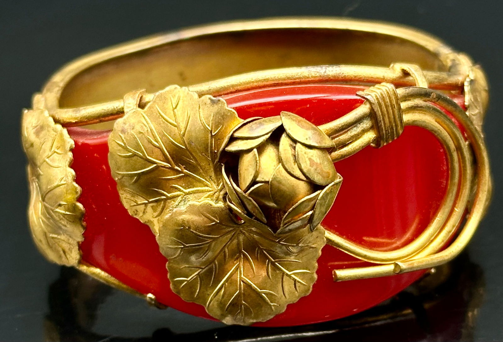 1920's Cherry Red BAKELITE Golden Repousse Leaves Flowers Bracelet (1 of 12)