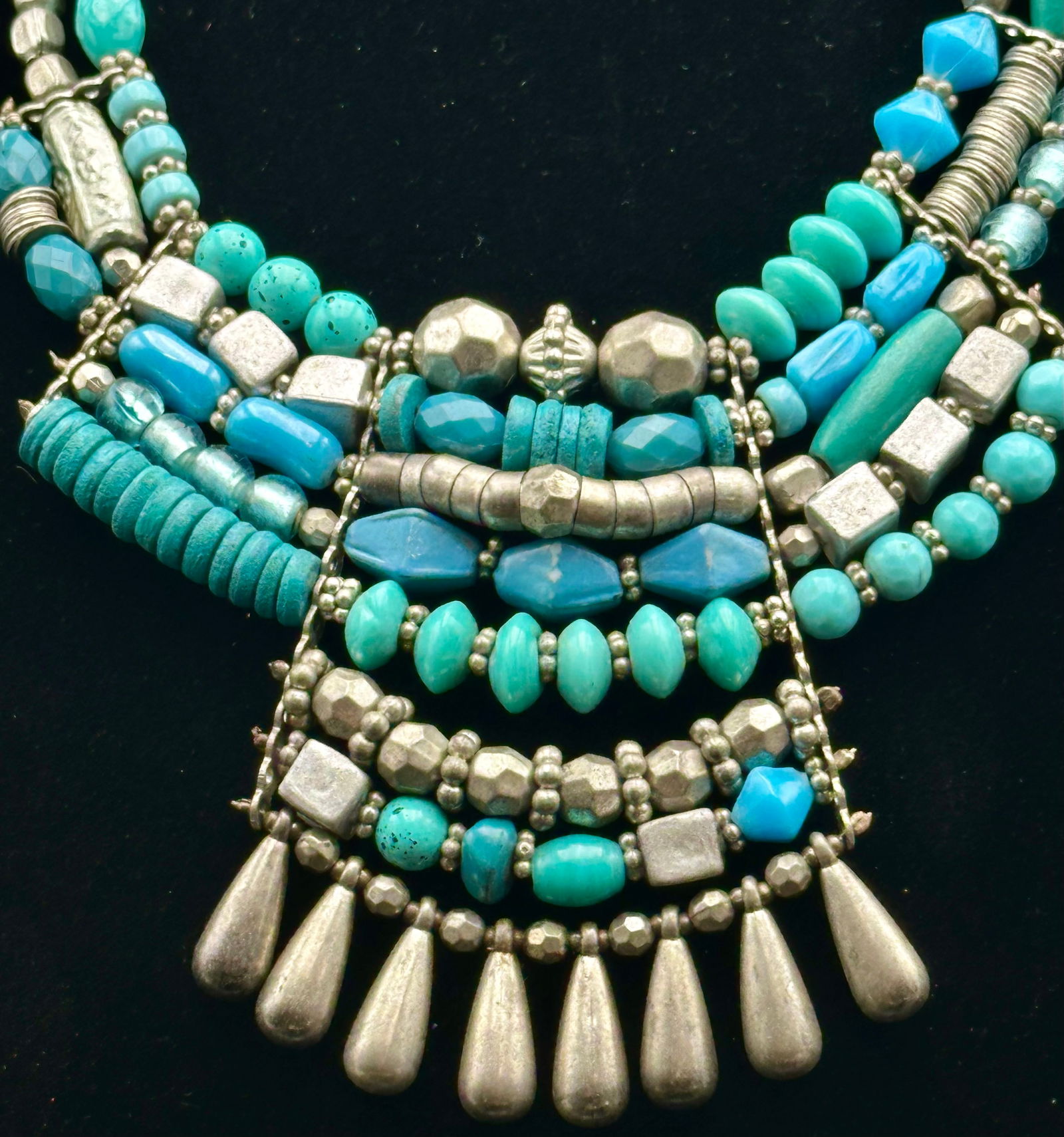 Bold Turquoise Beaded Tribal Bib Necklace, 94g (1 of 8)