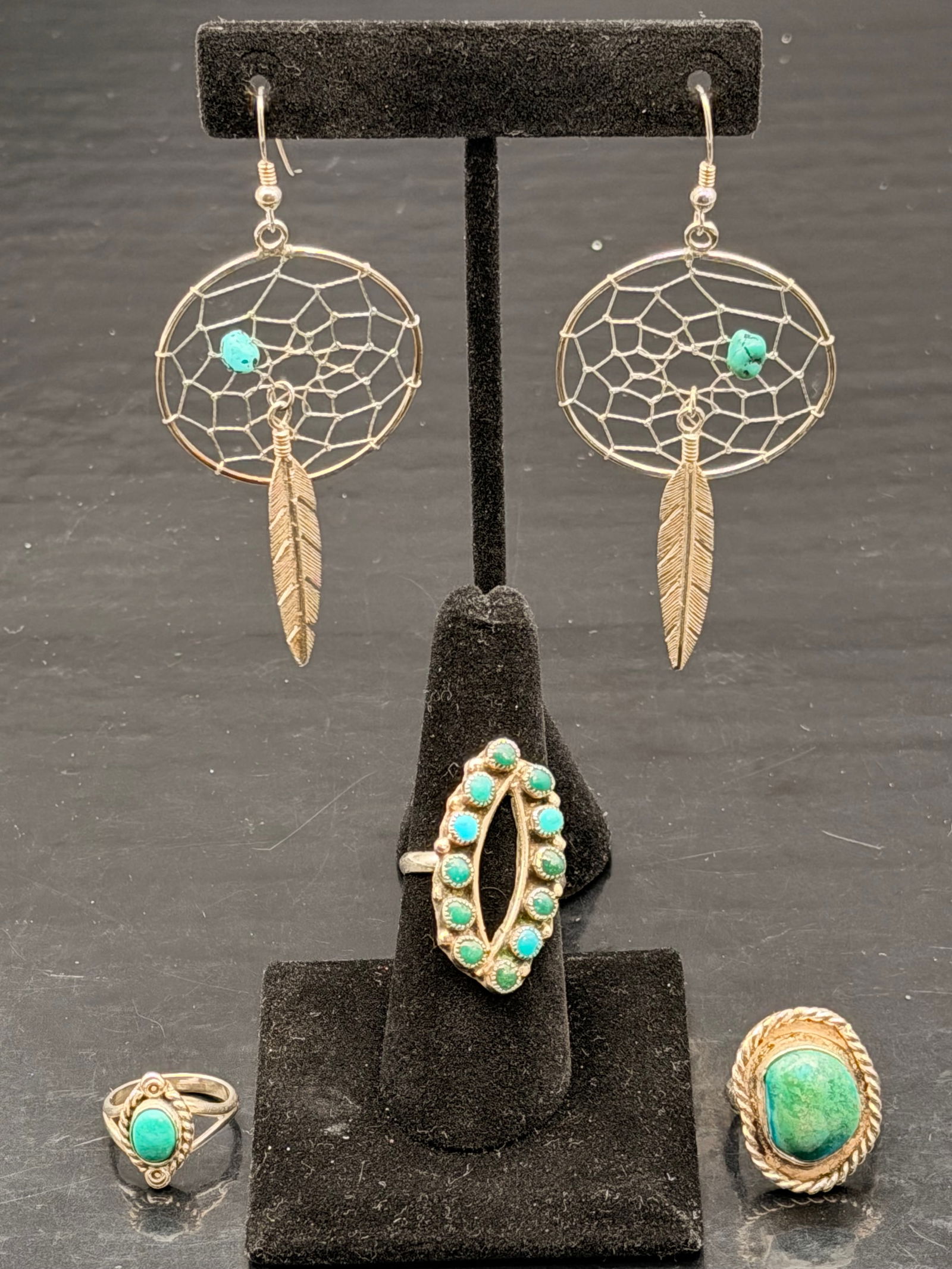 Sterling Silver Turquoise Jewelry Lot – Dreamcatcher Earrings & 3 Rings – 20g (1 of 13)