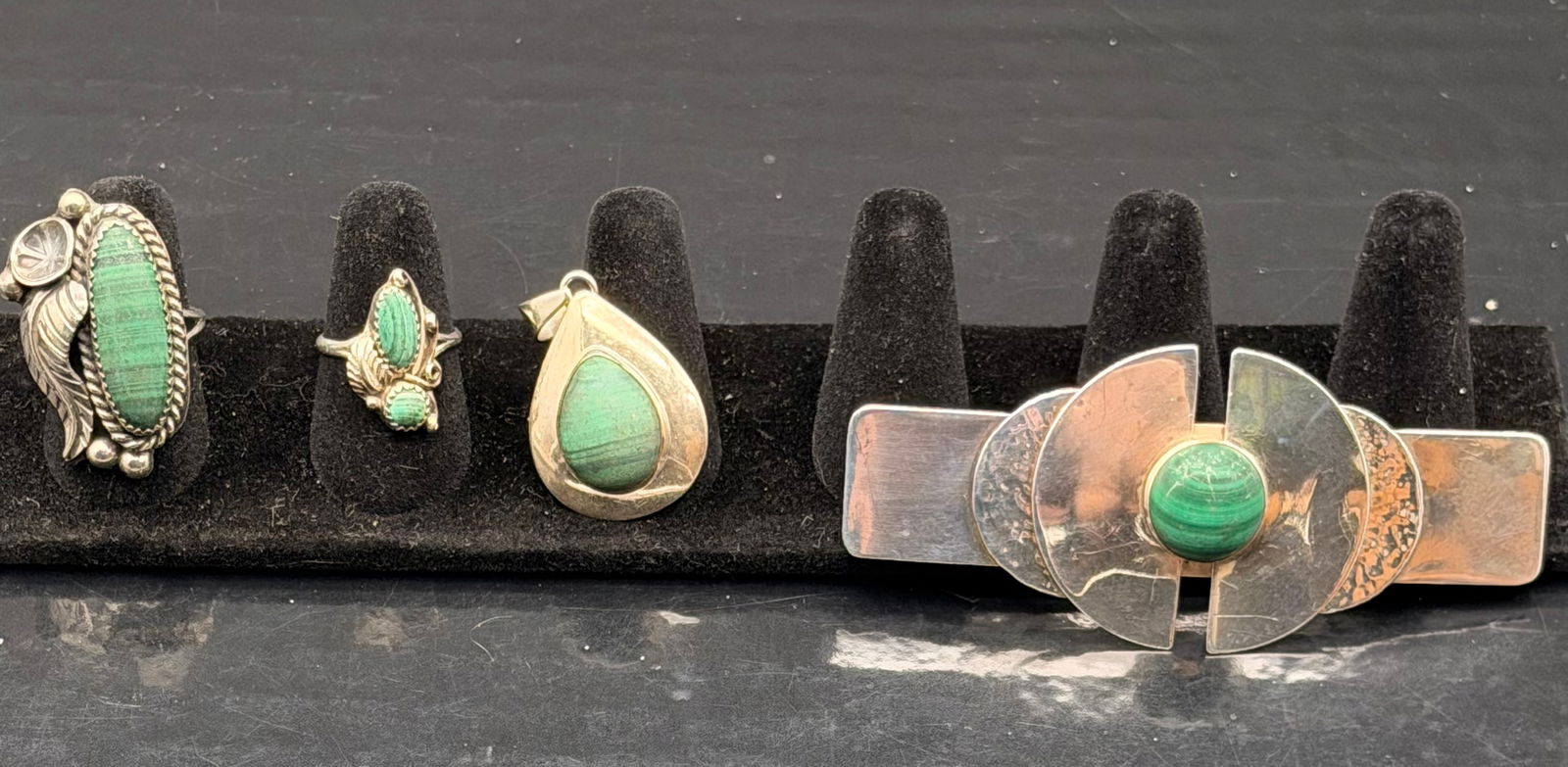 Sterling Silver Malachite Jewelry Lot – Rings, Pendant & Barrette – 50g (1 of 12)