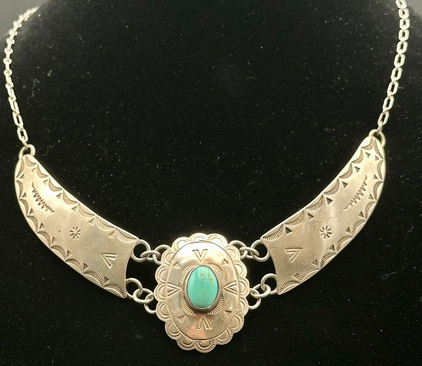 STERLING SILVER HAND-STAMPED TURQUOISE NECKLACE & EARRINGS SET – 53g (1 of 10)