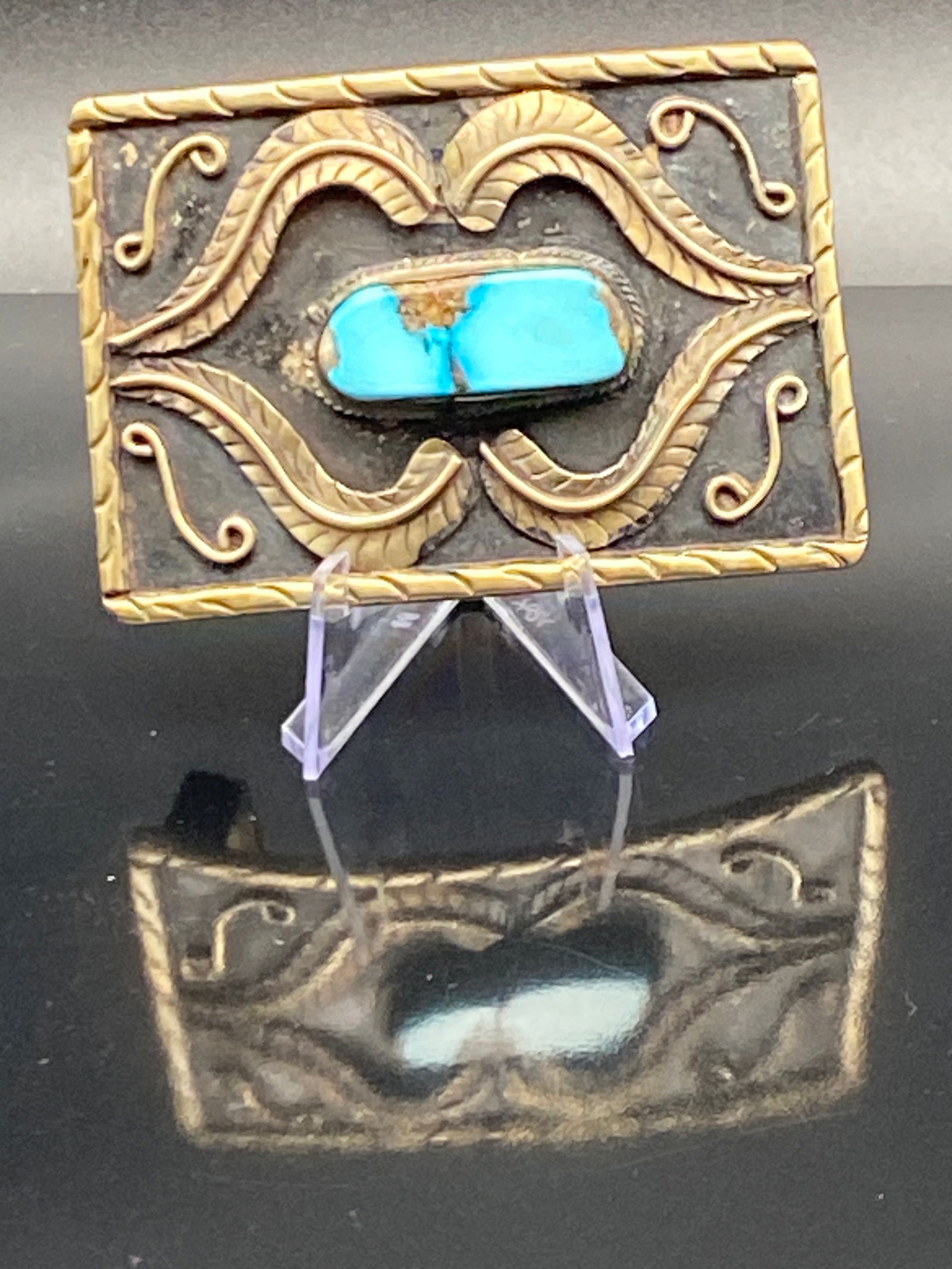 Brass Belt Buckle with Turquoise Center Stone (1 of 3)