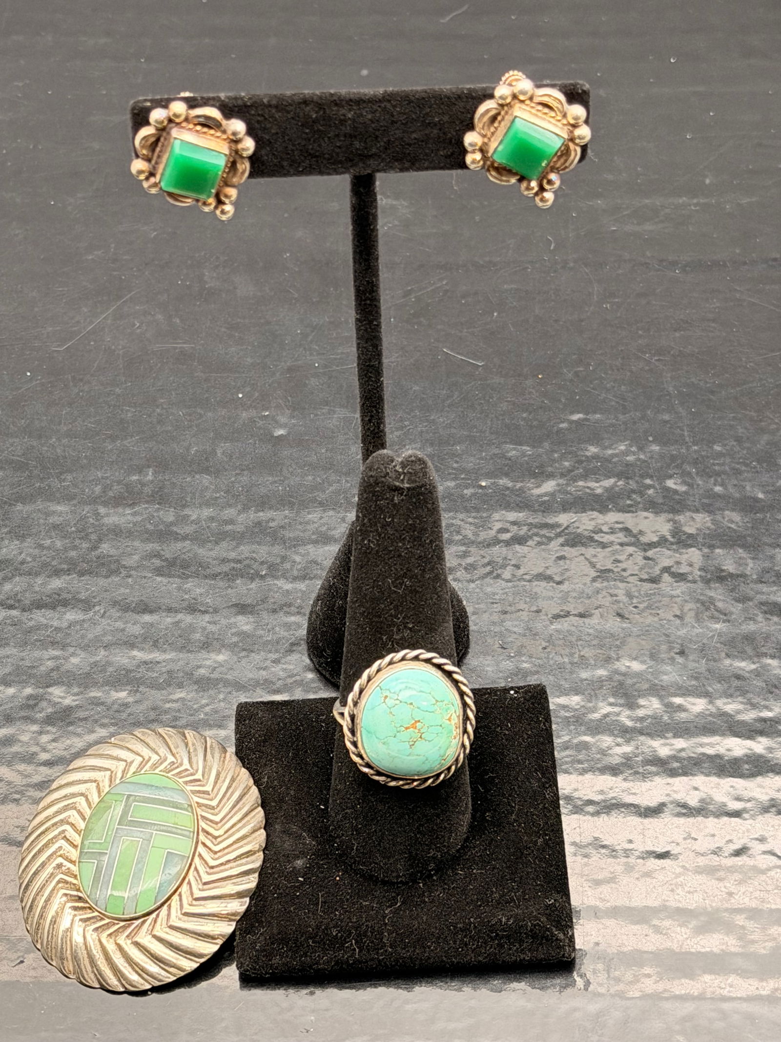Sterling Silver Turquoise & Malachite Jewelry Lot – Ring, Earrings & Inlay Brooch – 41g (1 of 8)