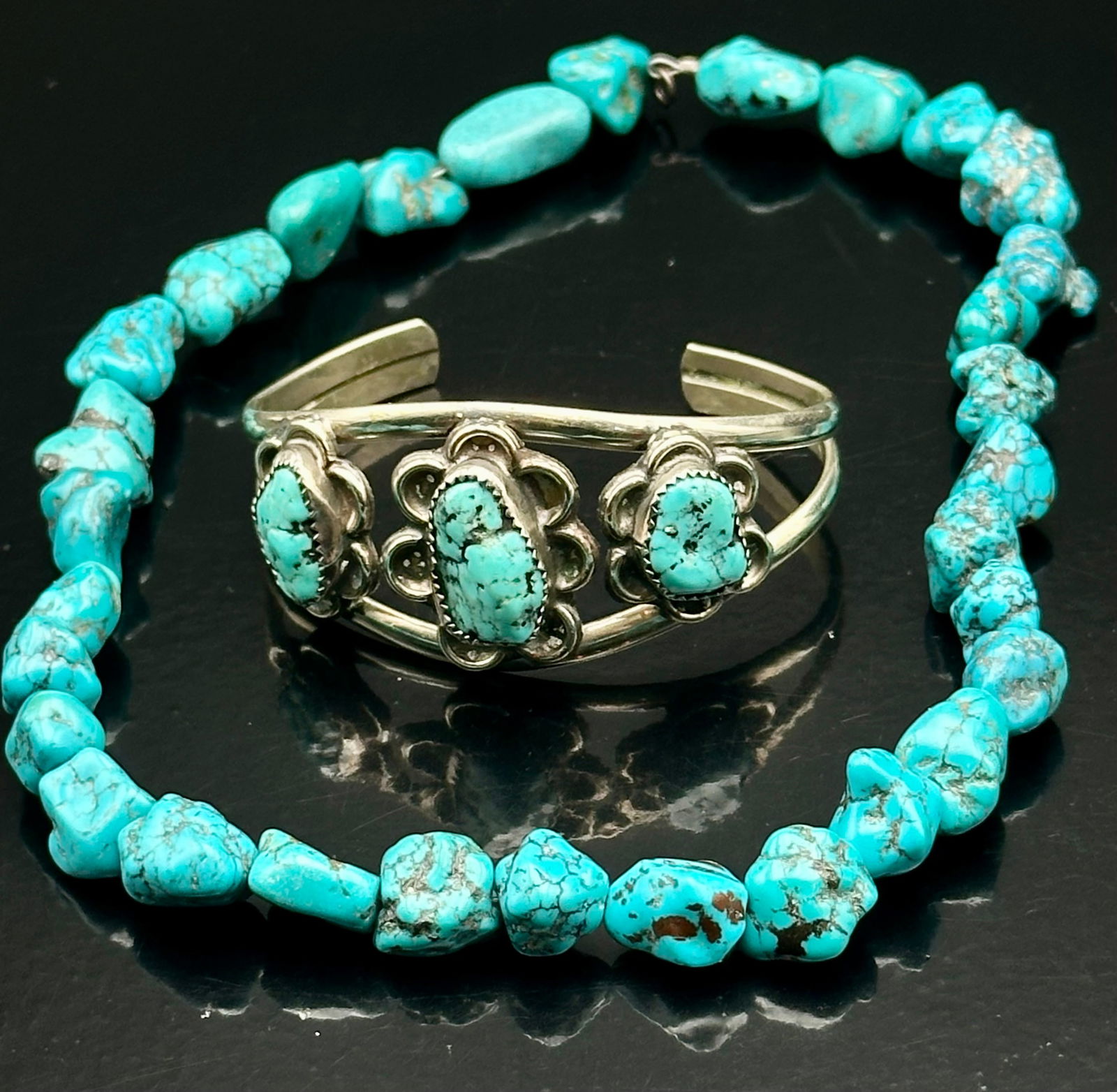 Vtg Mexico Sterling Turquoise Cuff & Chunky Turquoise Nugget Necklace – 78g (1 of 16)