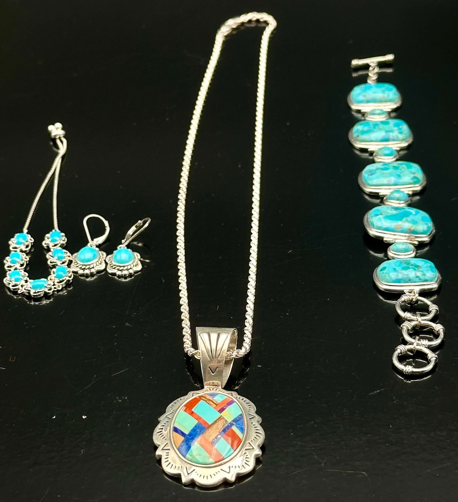 Sterling Silver Turquoise Jewelry Lot – Bracelet, Earrings, Chain & Inlay Pendant – 94g (1 of 13)
