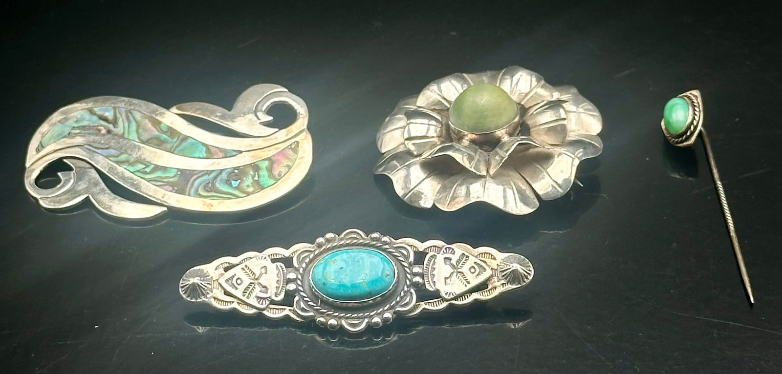 Vintage Sterling Silver Brooch & Pin Lot – Turquoise, Abalone, Jade – 4pcs / 43g (1 of 12)