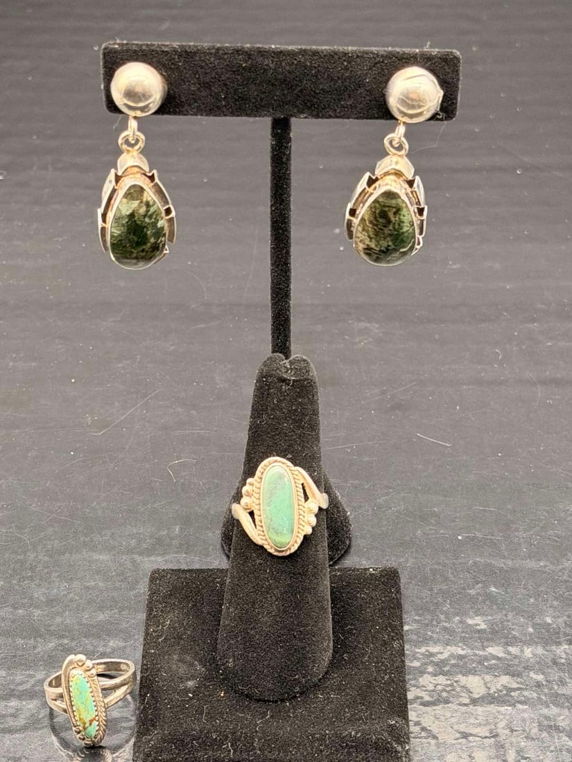 Navajo Sterling Silver Green Turquoise Earrings & Rings Set – 20g (1 of 10)
