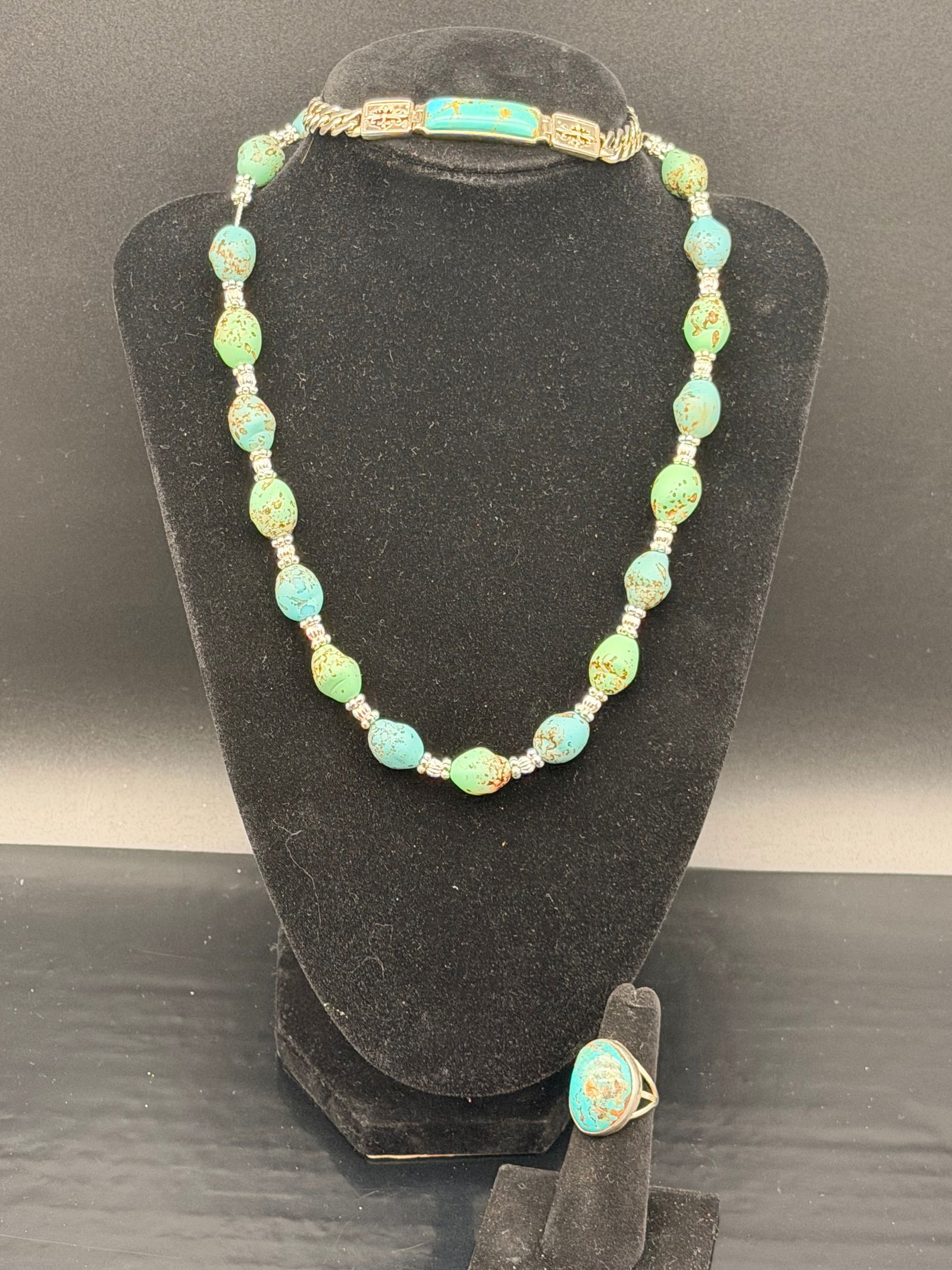 Navajo Turquoise Bead Necklace, Bracelet & Ring Set – 57g (1 of 10)