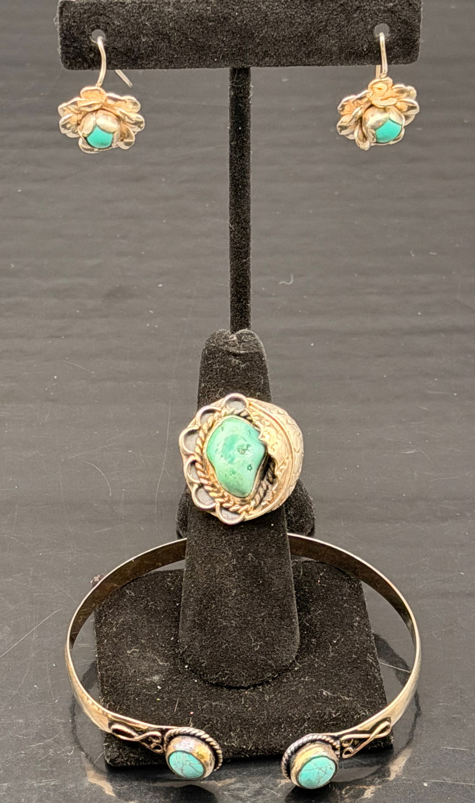 Navajo Sterling Silver Turquoise Floral Ring, Earrings & Bracelet Set – 22g (1 of 12)