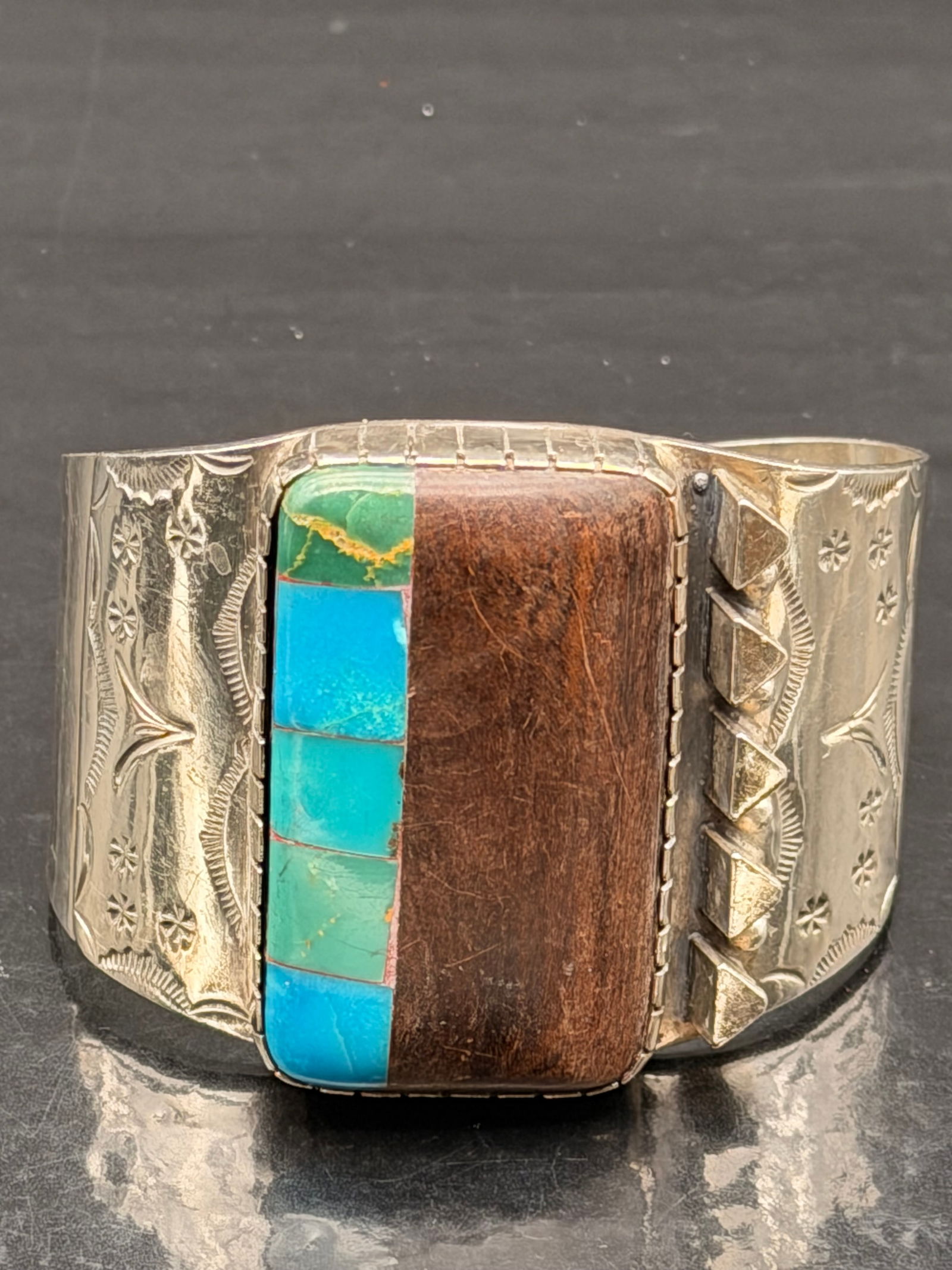 Navajo Sterling Silver Inlay Cuff Bracelet – Turquoise & Wood (78g) (1 of 7)