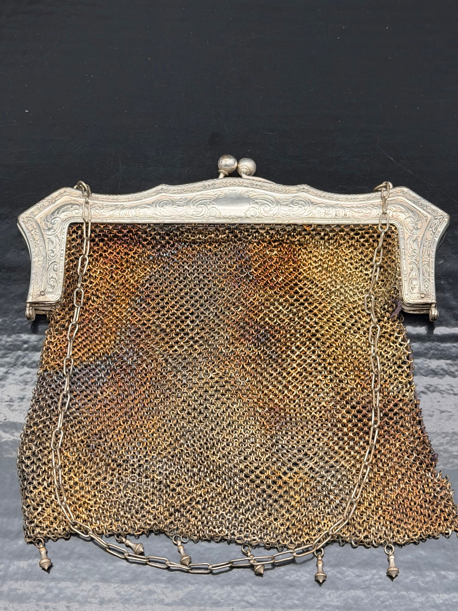 Antique German Silver Chainmail Mesh Purse – Ornate Engraved Frame – 236g (1 of 5)