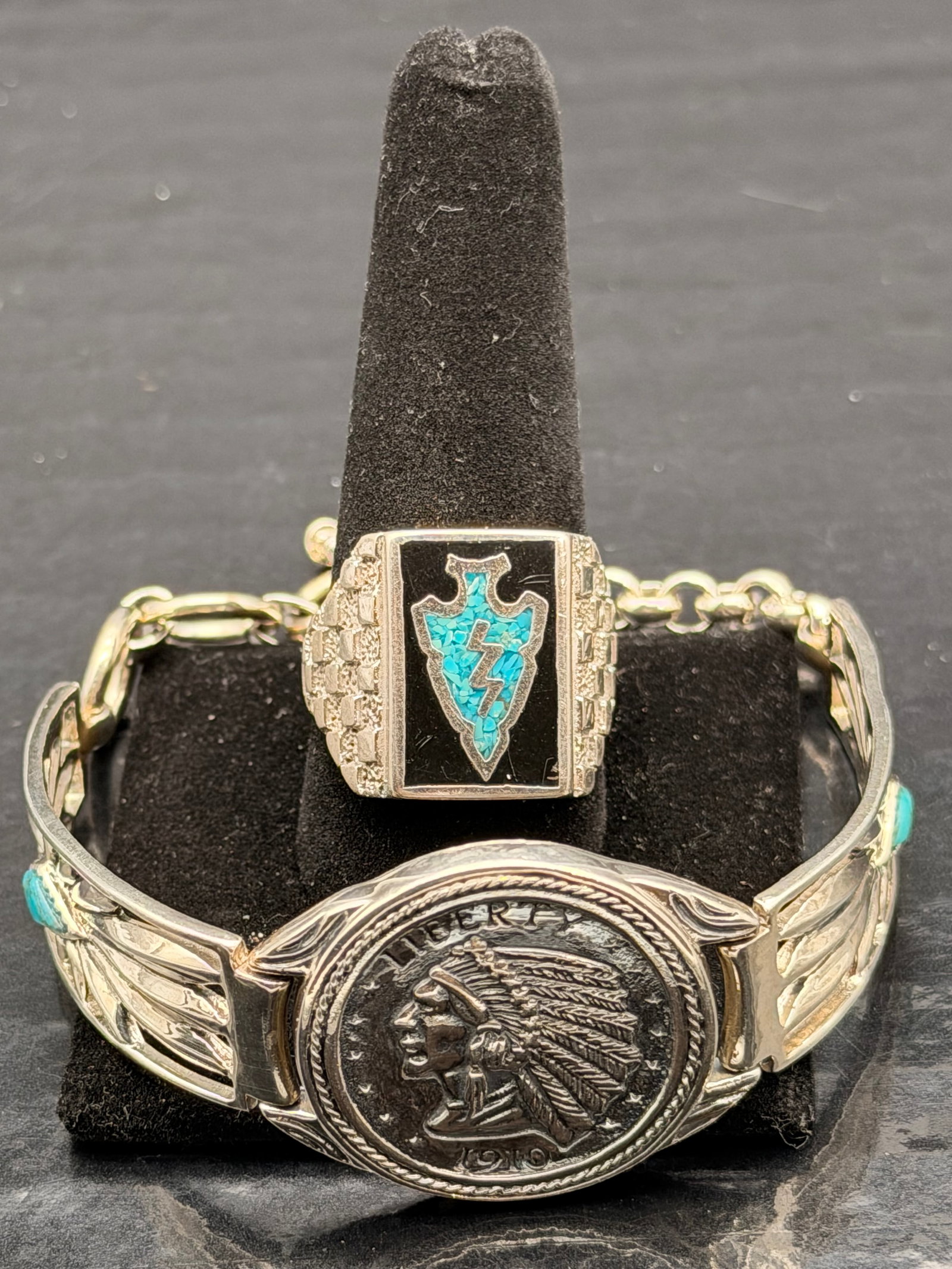 Vintage Navajo-Style Indian Head Turquoise Bracelet + Ring Set (45g) (1 of 10)