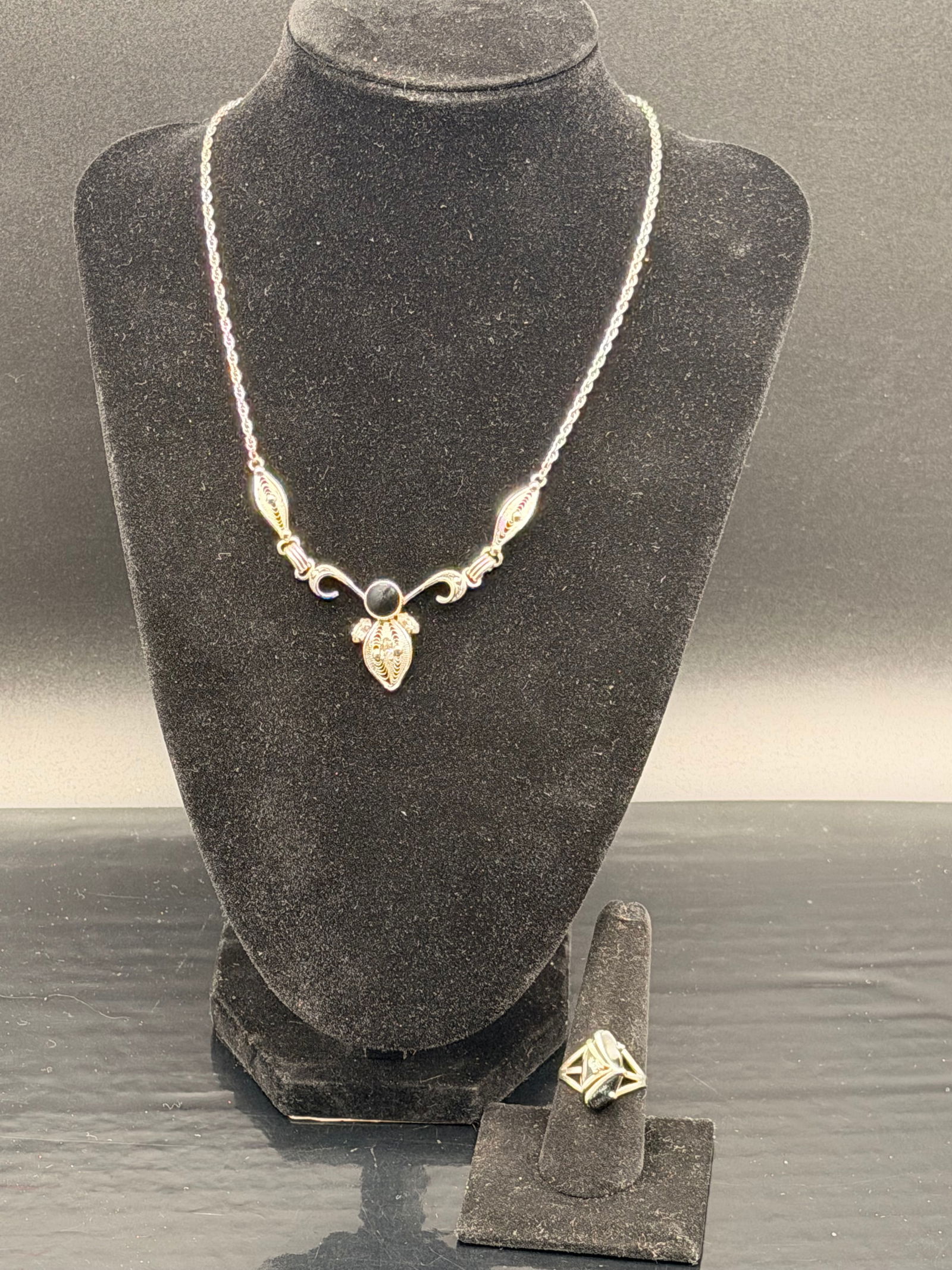 Vintage Espo Sterling Silver Filigree Necklace & Onyx Ring Set – 925 (1 of 8)