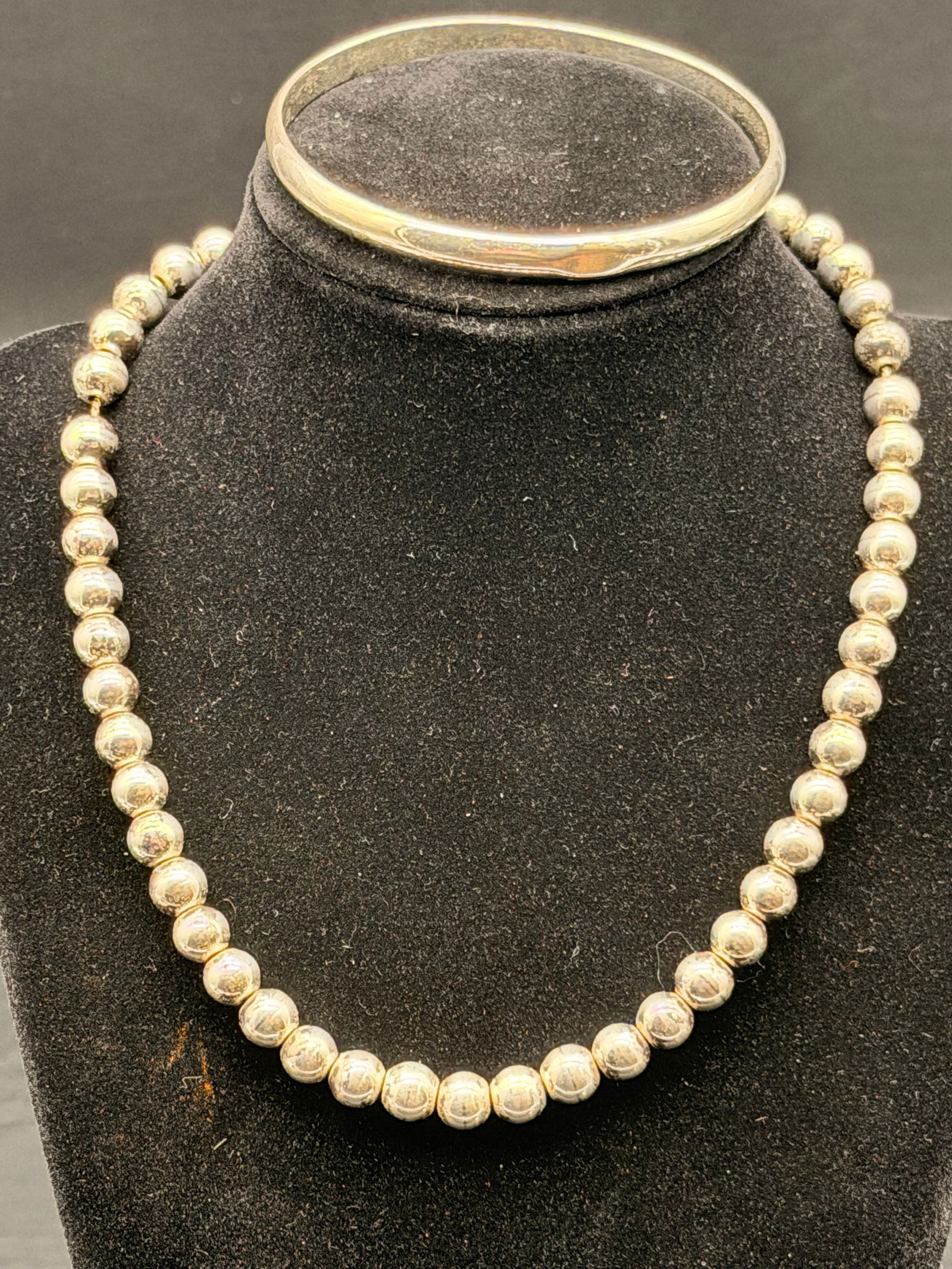 Vintage Mexico Sterling Silver Bead Necklace & Bangle Set – 67g (1 of 9)