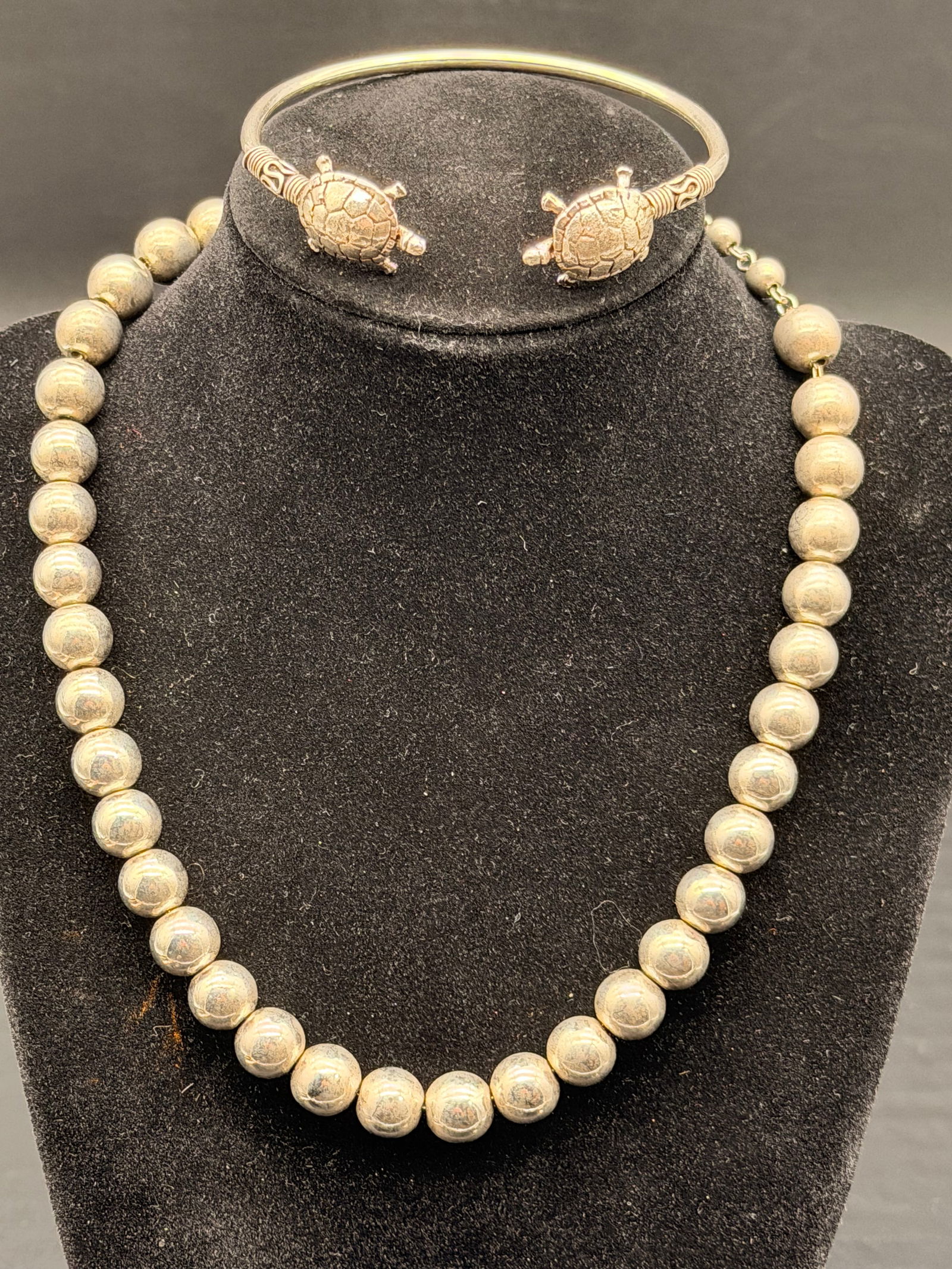 Navajo Sterling Silver Bead Necklace & Turtle Cuff Bracelet Set – 46g (1 of 10)