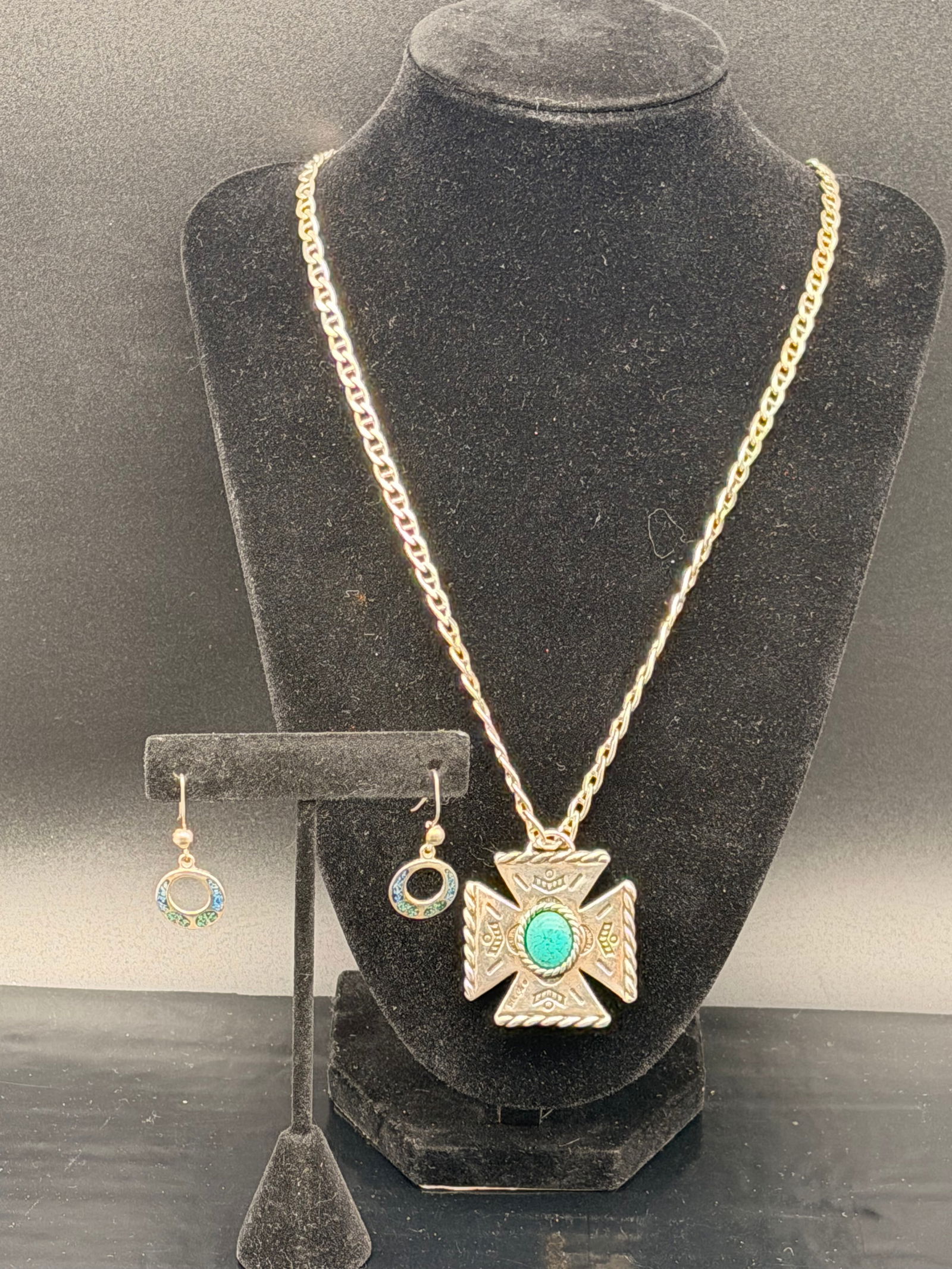 Sterling Silver Southwestern Cross Pendant Necklace & Enamel Earrings Set – 43g (1 of 9)