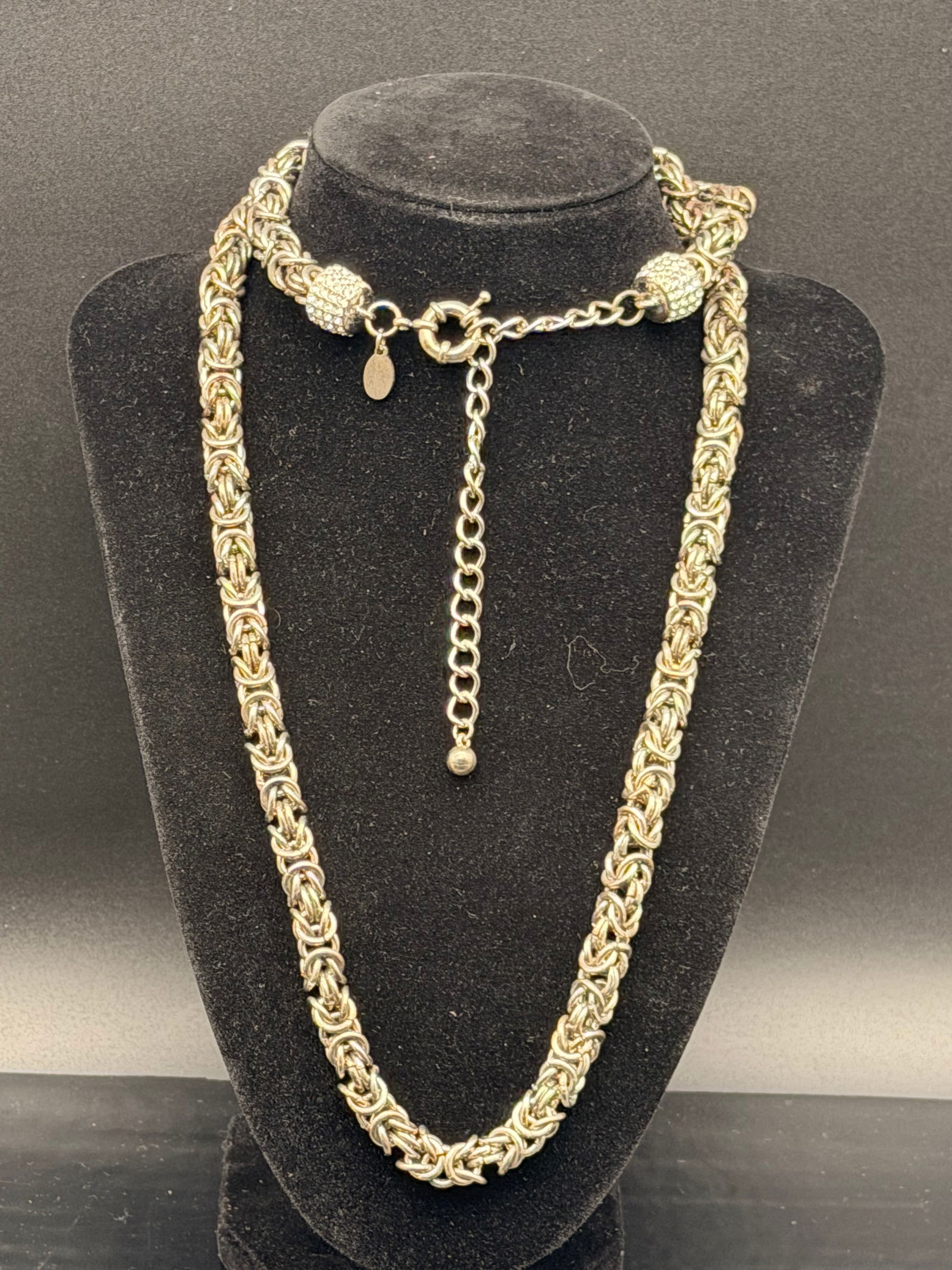 OPC Heavy Byzantine-Style Statement Necklace – 178g: Beautiful OPC designer necklace in a bold Byzantine / rope-woven chain style. Very heavy, high-quality metalwork with a textured finish and decorative bead accents.