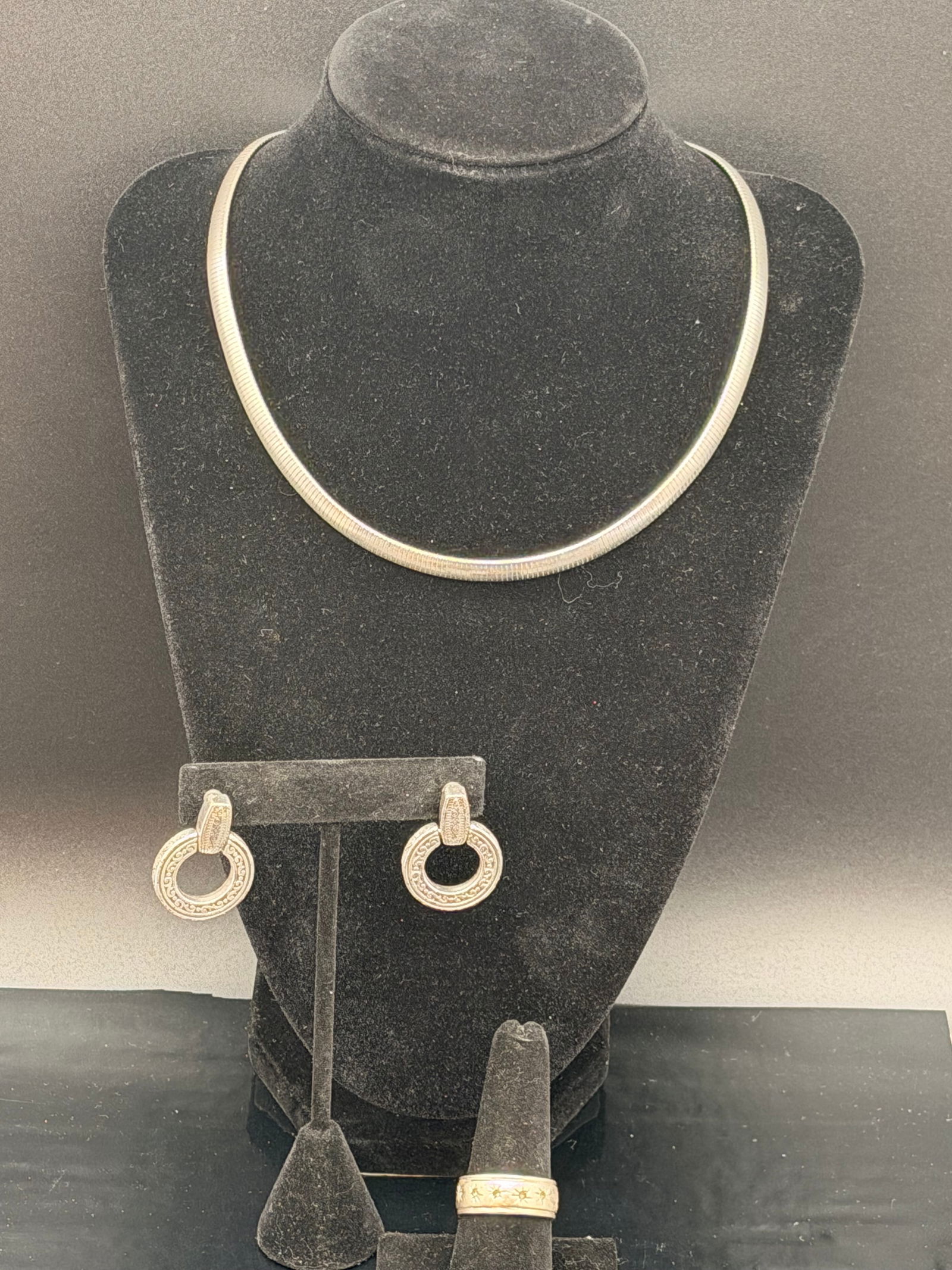 Sterling Silver Italy Necklace, Hoop Earrings & Band Ring Set – 41g (1 of 10)