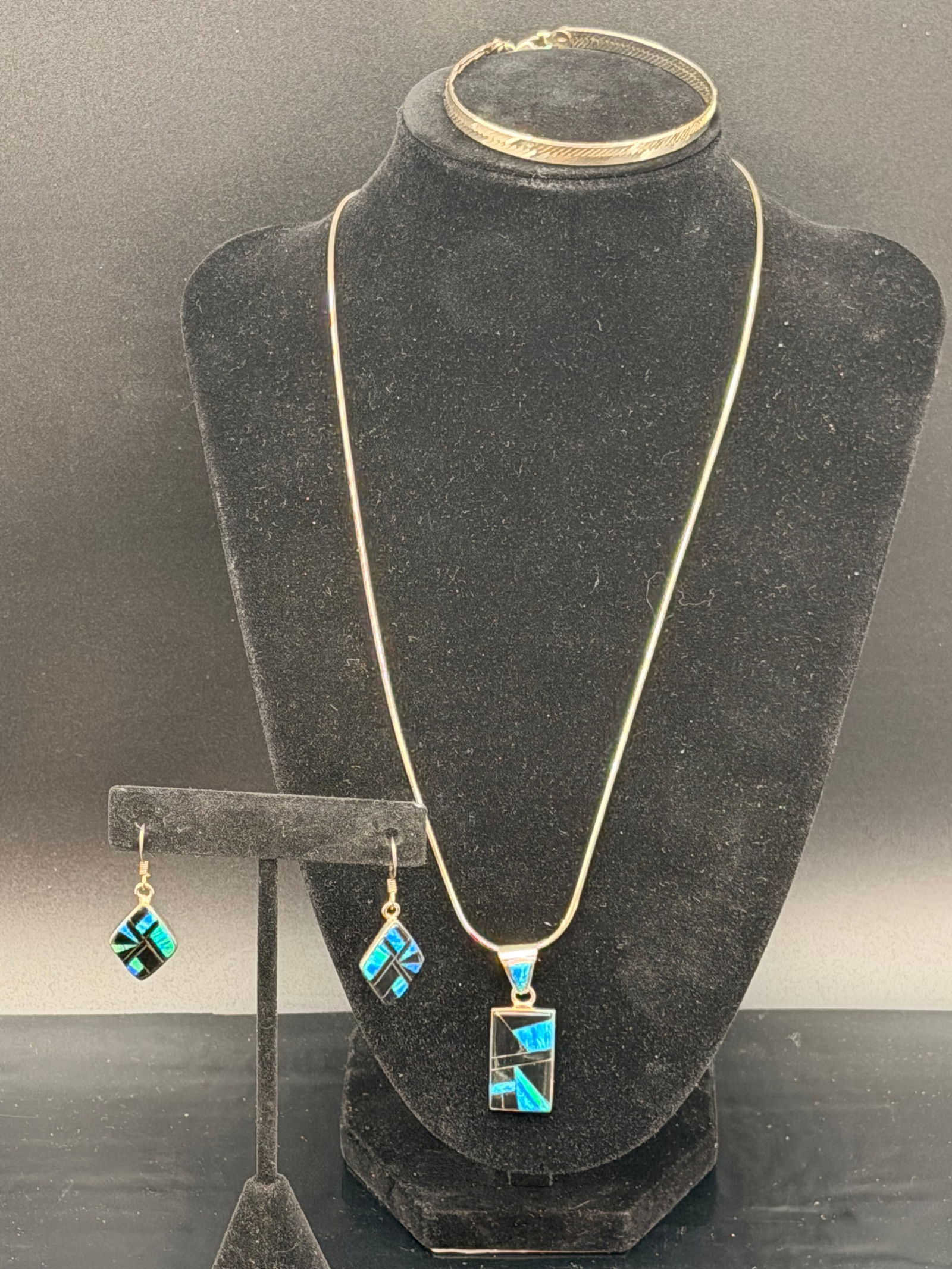 Sterling Silver NK Blue Opal Inlay Necklace & Earrings Set – 17g (1 of 10)