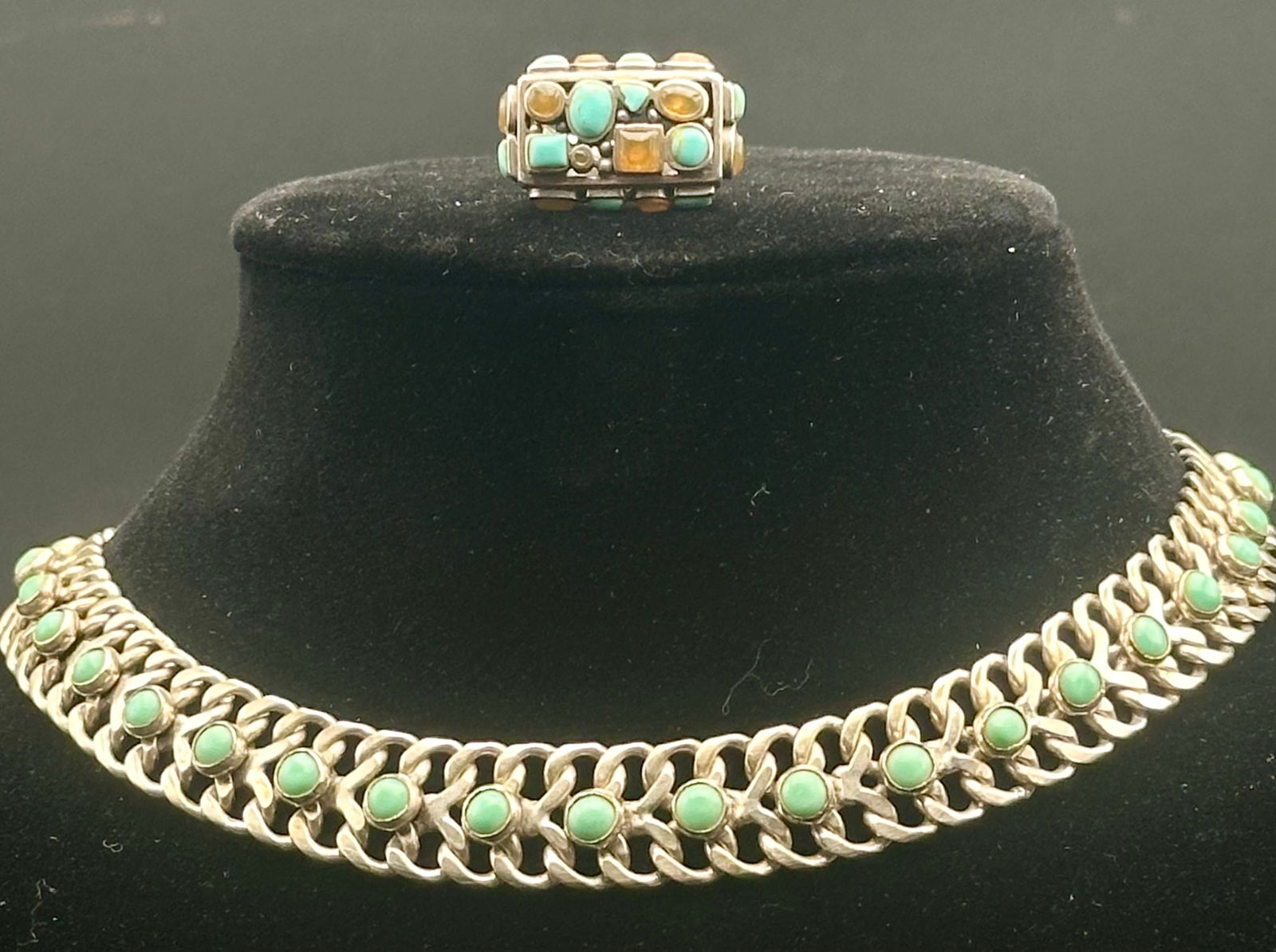 Vintage Mexican Sterling Turquoise Link Necklace & Ring Set – 75g (1 of 17)