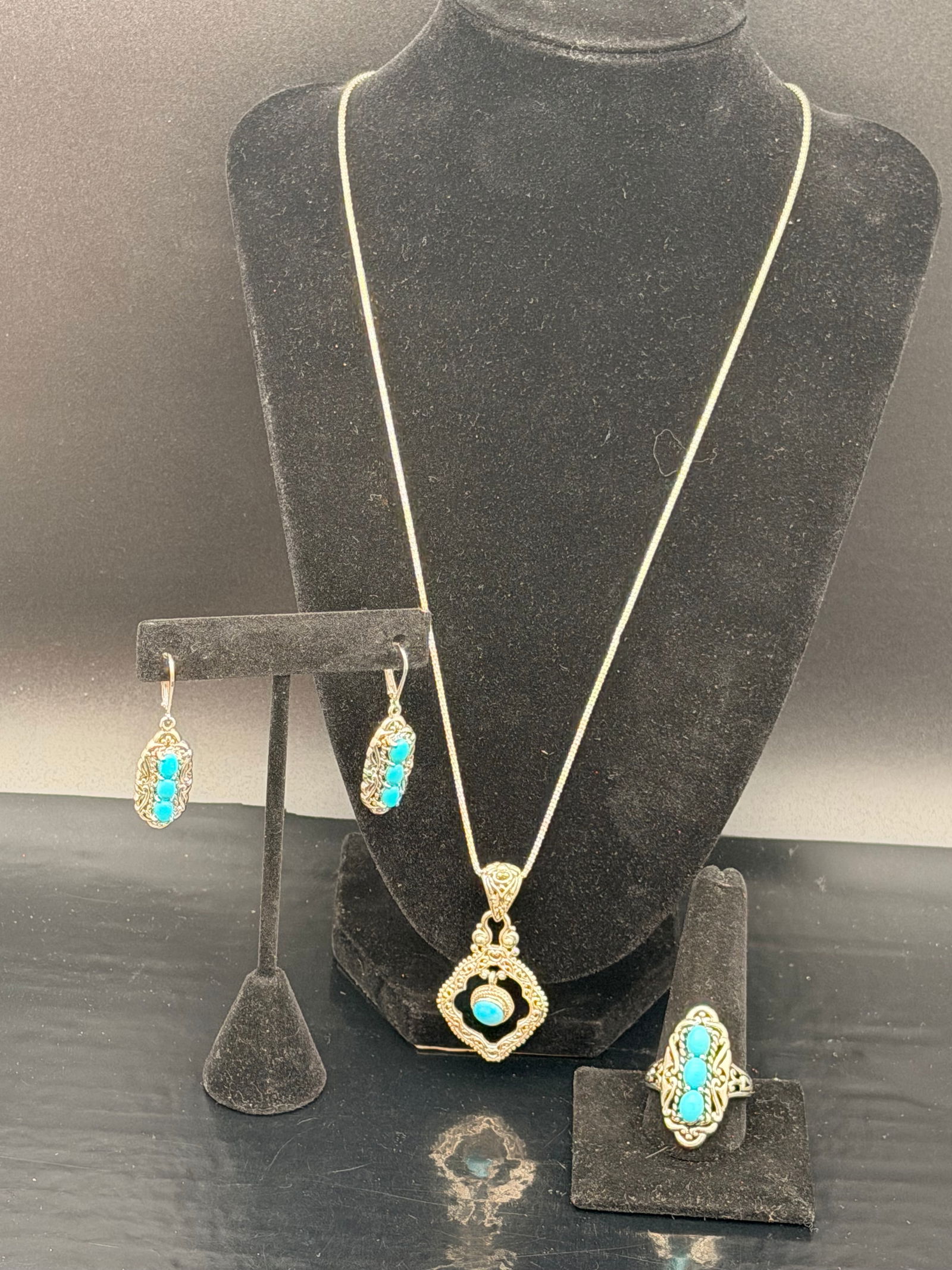 Sterling Silver Filigree Turquoise Necklace, Earrings & Ring Set – 24g (1 of 11)