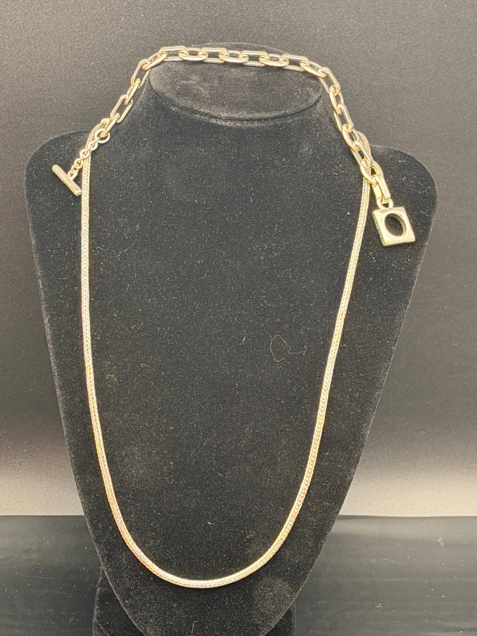 SARDA Bali Sterling Silver Woven Chain & Link Necklace – 51g: Beautiful and heavy SARDA Bali sterling silver necklace featuring a thick woven chain paired with a chunky link chain section and geometric square charm.