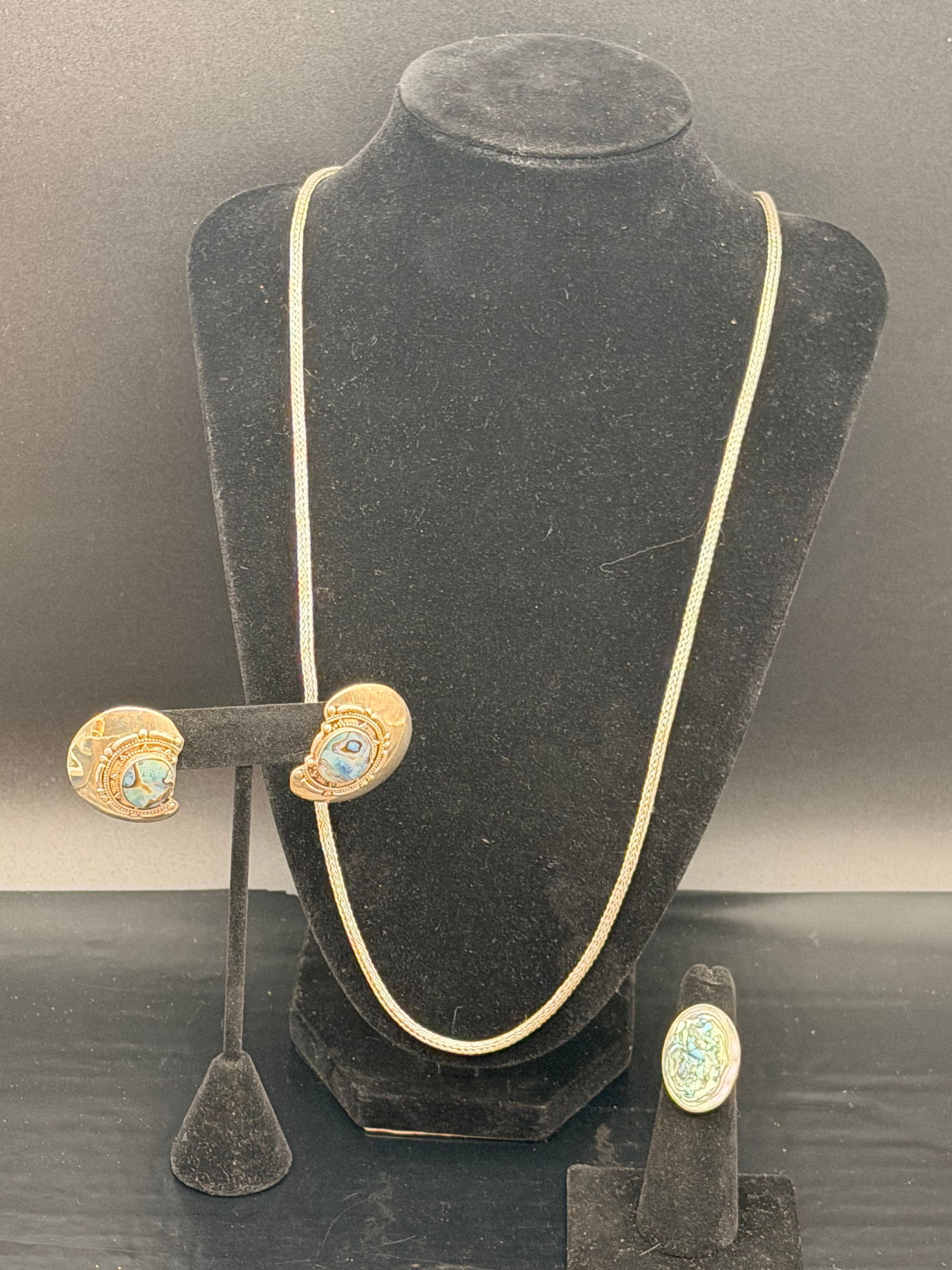 Vintage Mexico 925 Abalone Necklace, Earrings & Ring Set – 43g Sterling (1 of 12)