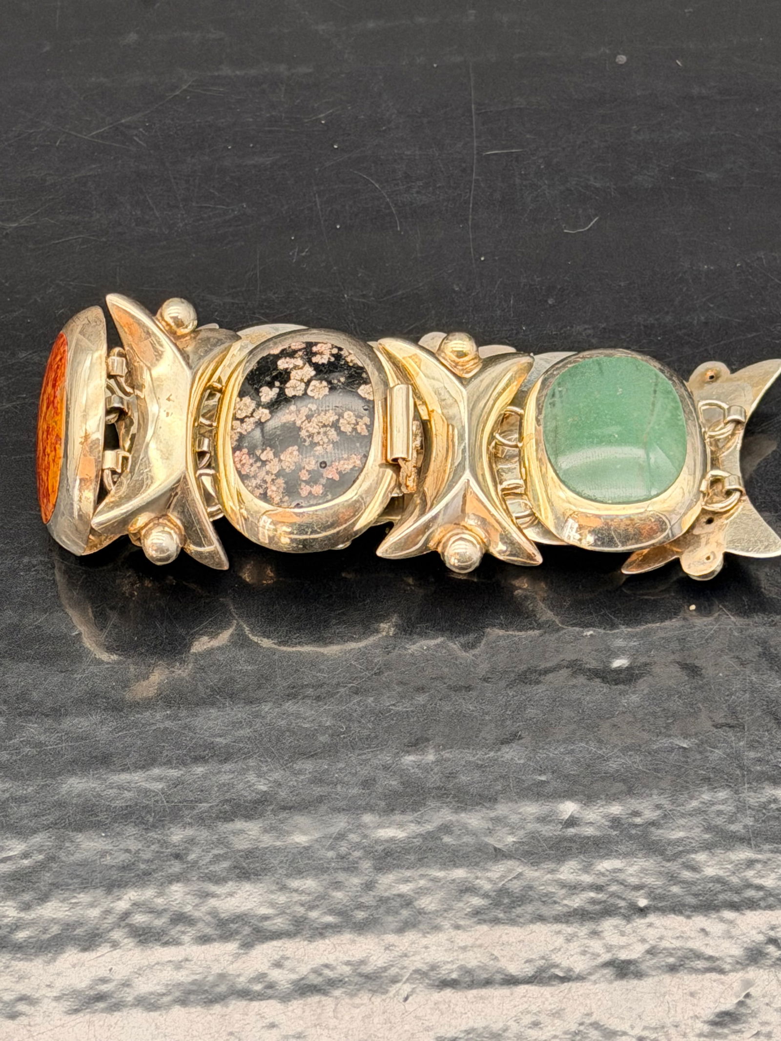 Mexican Artisan Silver Stone Link Bracelet – Aventurine, Obsidian & Sodalite – 60g (1 of 6)