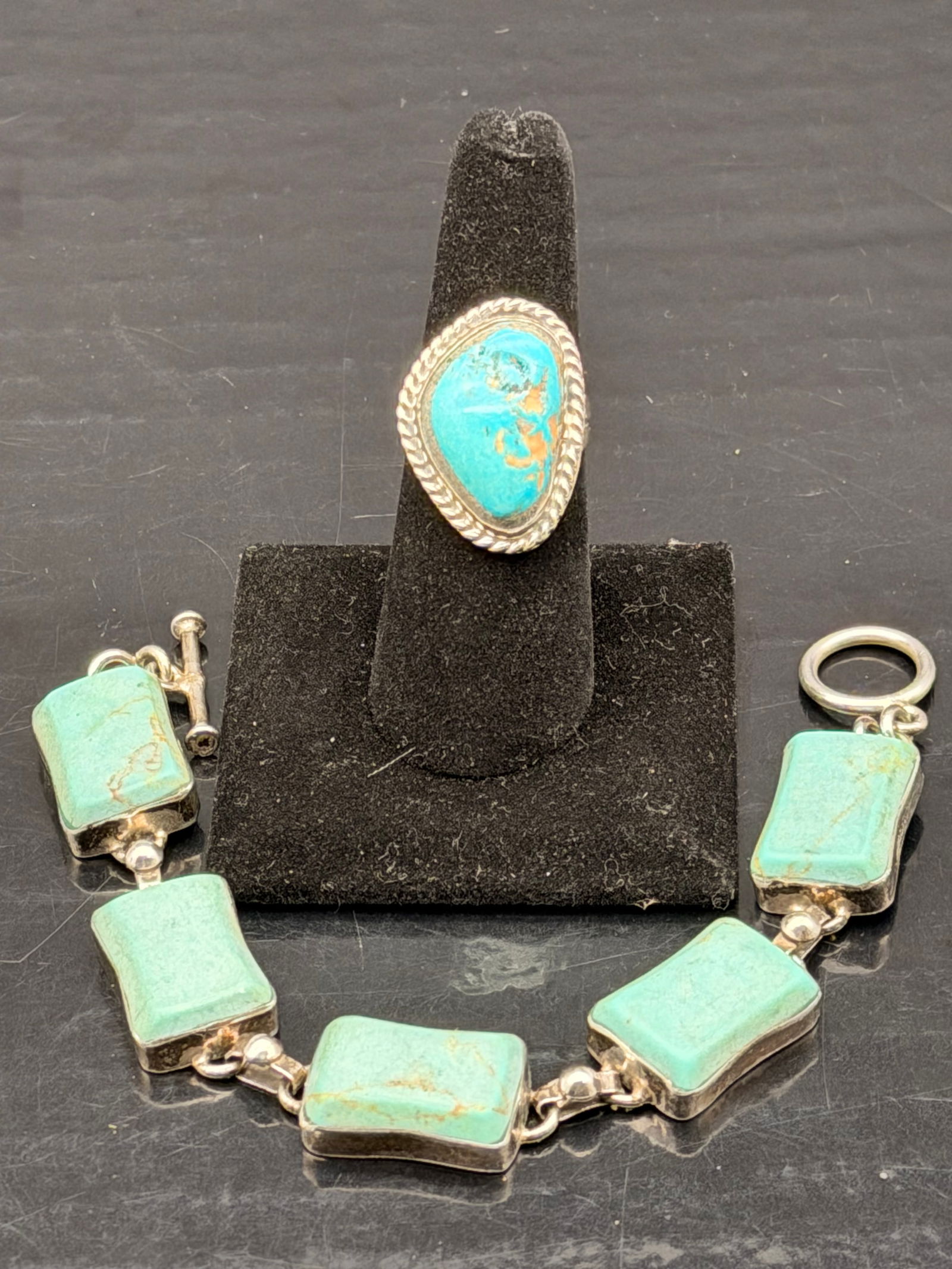 Mexico 925 Sterling Turquoise Bracelet & Ring Set – 45g (1 of 7)