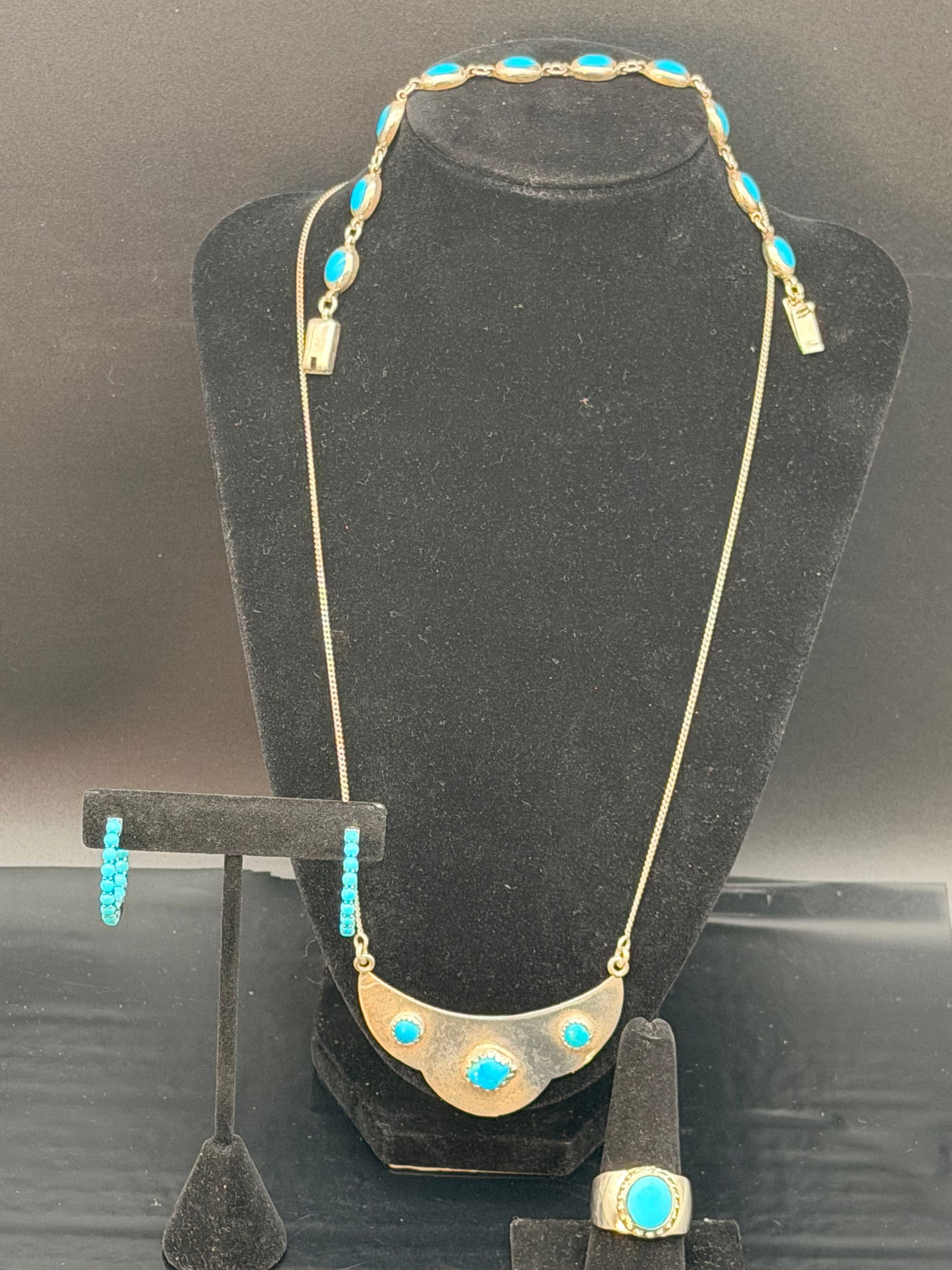 Sterling Silver Turquoise Necklace, Earrings & Ring Set (925 Mexico) (1 of 13)