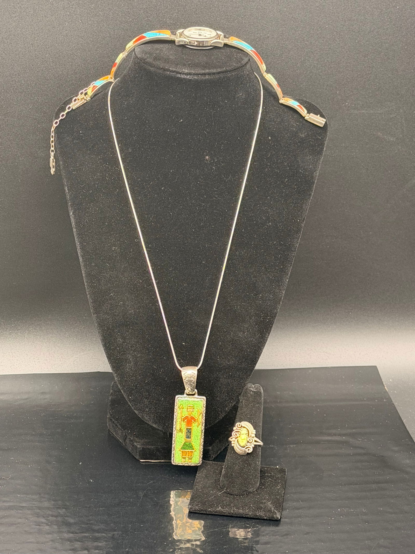 Sterling Silver Mixed Jewelry Lot – Navajo-Style Ring, Inlay Watch & Pendant – 57g (1 of 12)