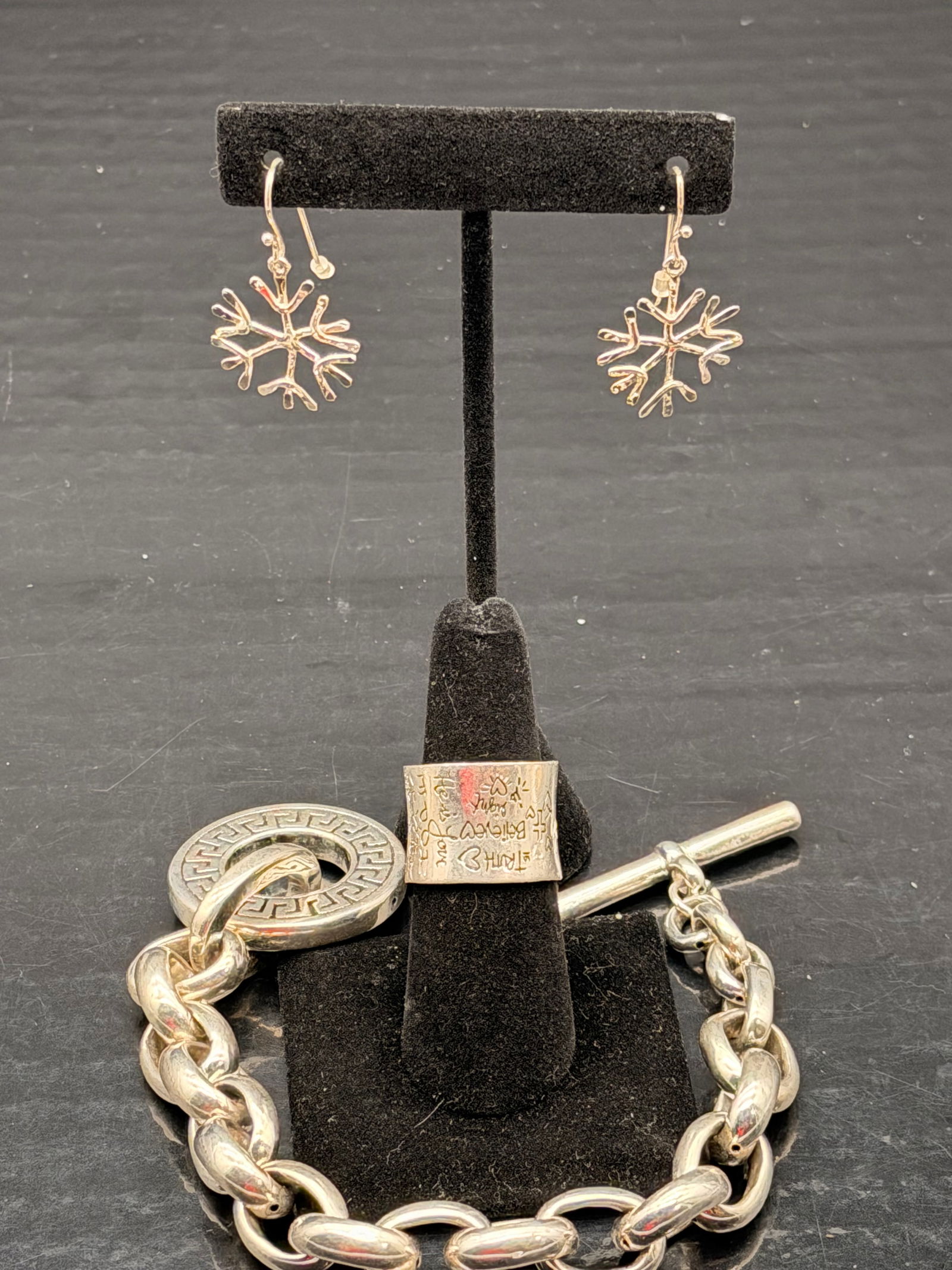 Sterling Silver Jewelry Set – Chunky Bracelet, Snowflake Earrings & Wide Band Ring (36g) (1 of 12)
