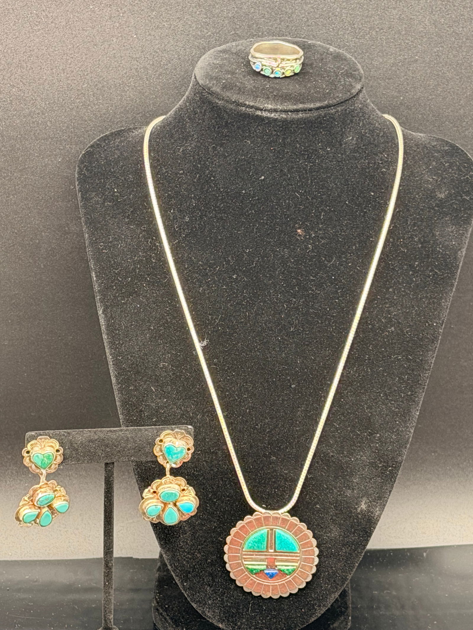 Navajo Sterling Silver Turquoise Inlay Jewelry Set – Necklace, Earrings & Ring (32g) (1 of 12)
