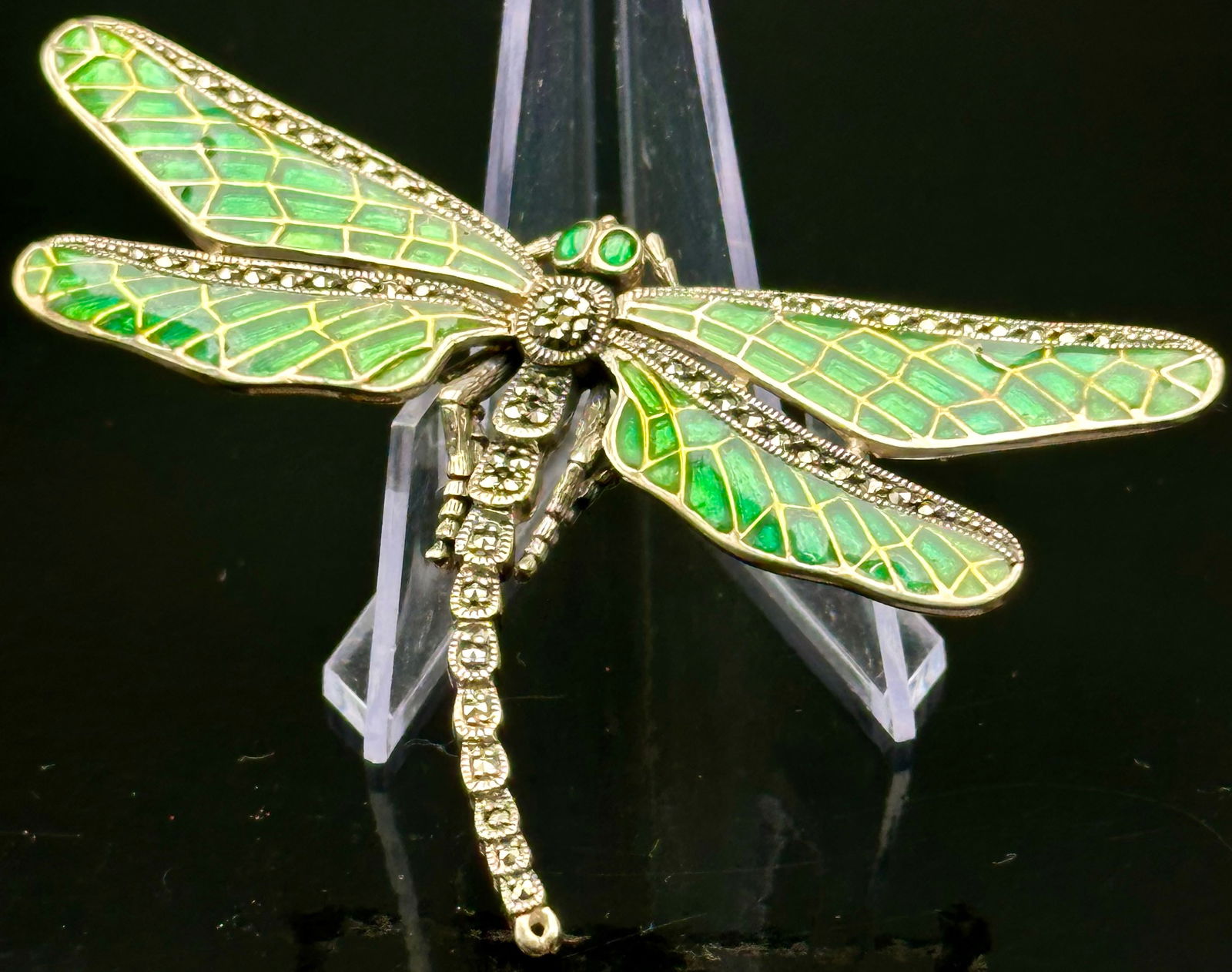 Vintage Sterling Dragonfly Brooch – Green Enamel & Marcasite – 23g (1 of 11)