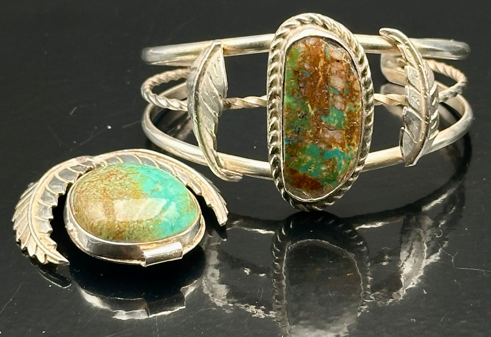 Vintage Sterling Turquoise Cuff Bracelet & Pin Set – 49g (1 of 11)