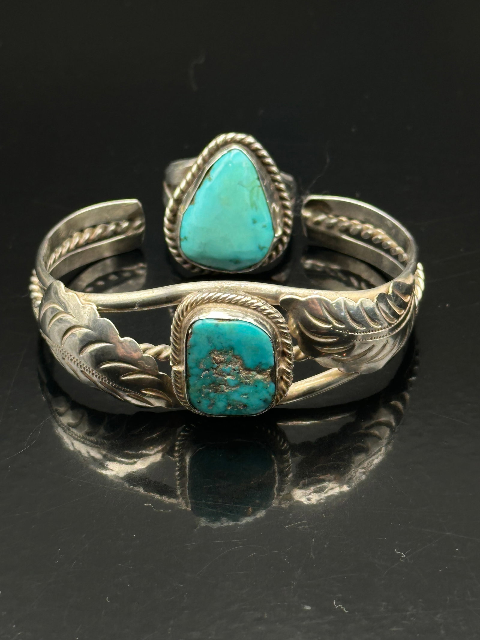 Vintage Sterling Turquoise Cuff Bracelet & Ring Set – 36g – Unsigned (1 of 13)