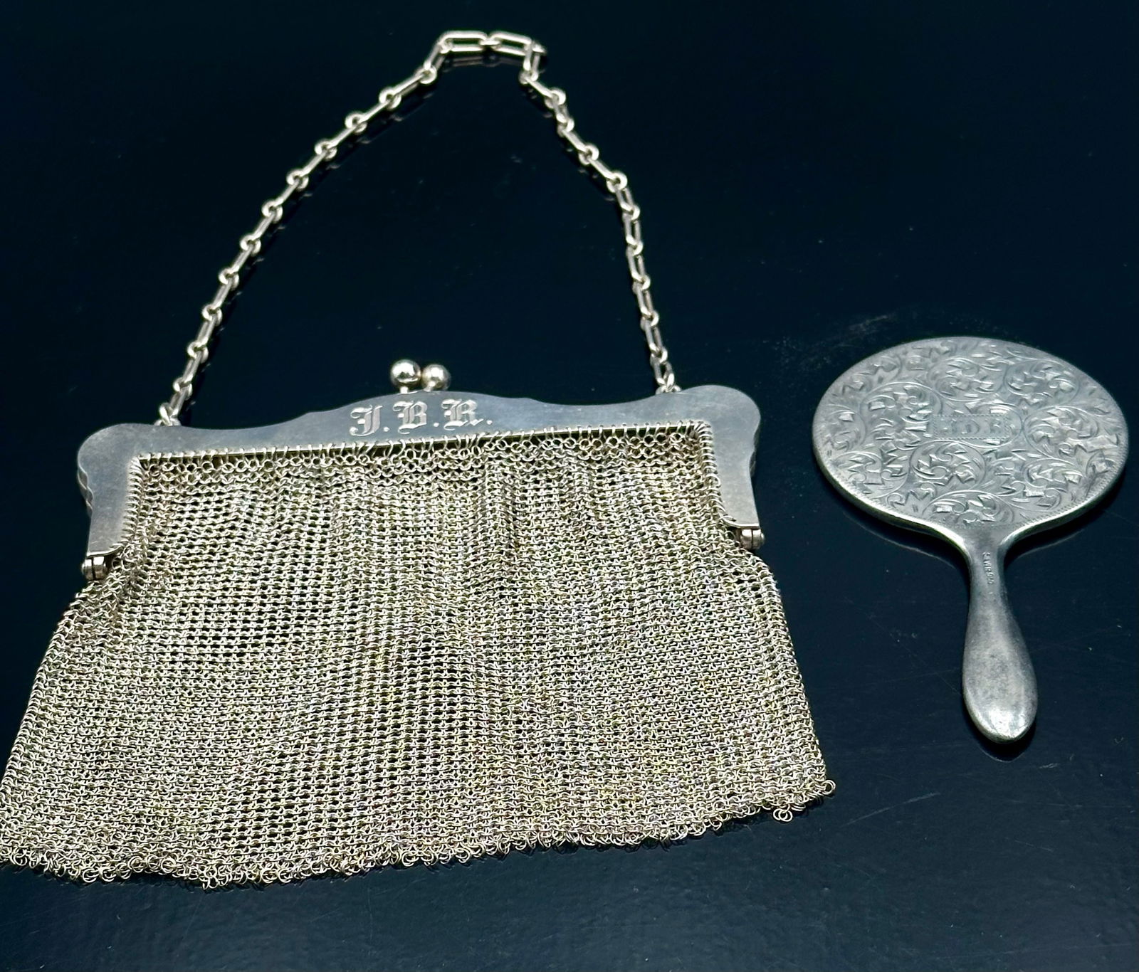 Antique Sterling Mesh Purse & Silver 950 Engraved Hand Mirror Set – 161g Total (1 of 16)