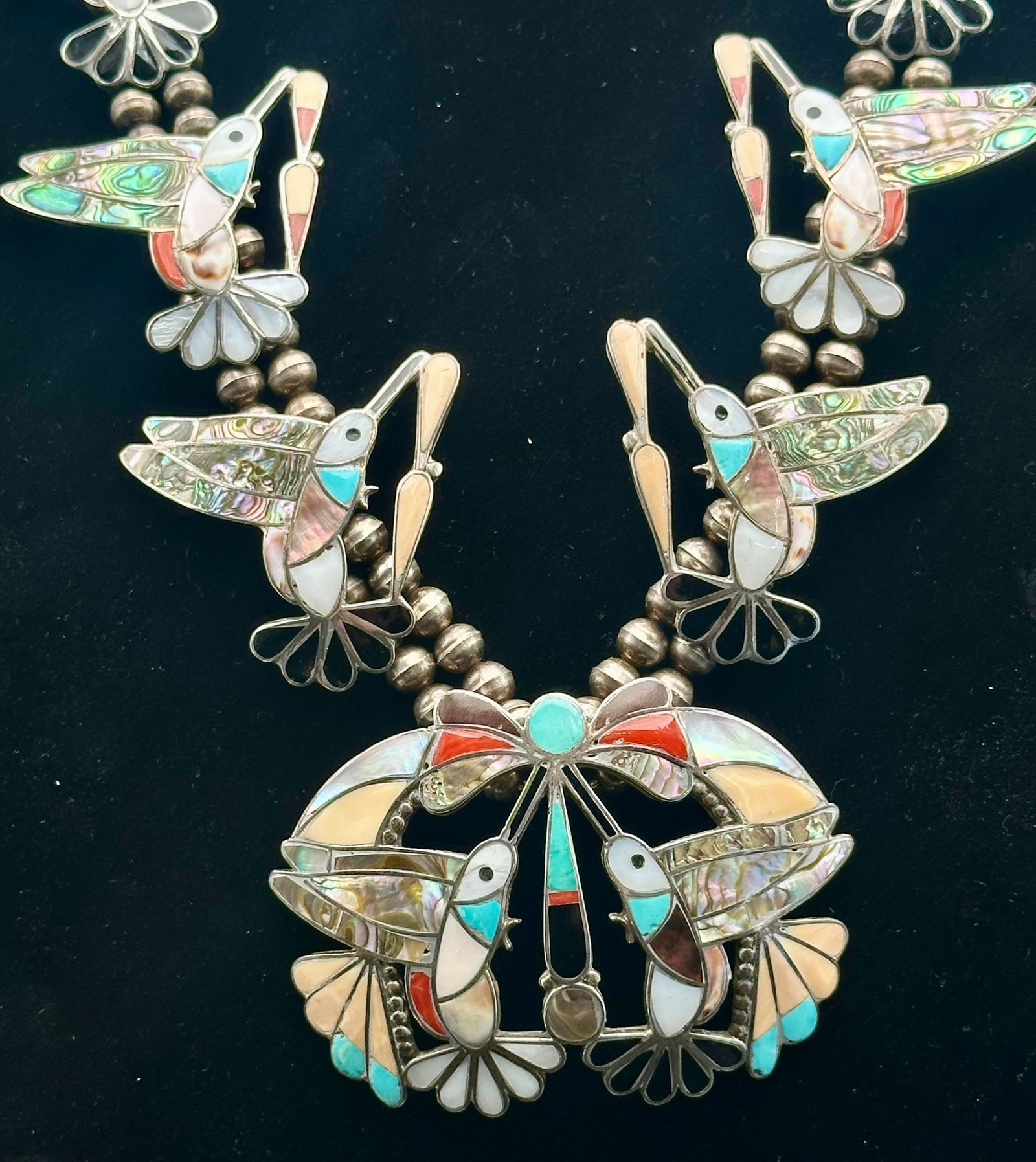 Vintage Zuni Sterling & Multi-Stone Hummingbird Squash Blossom Necklace – 221g (1 of 15)