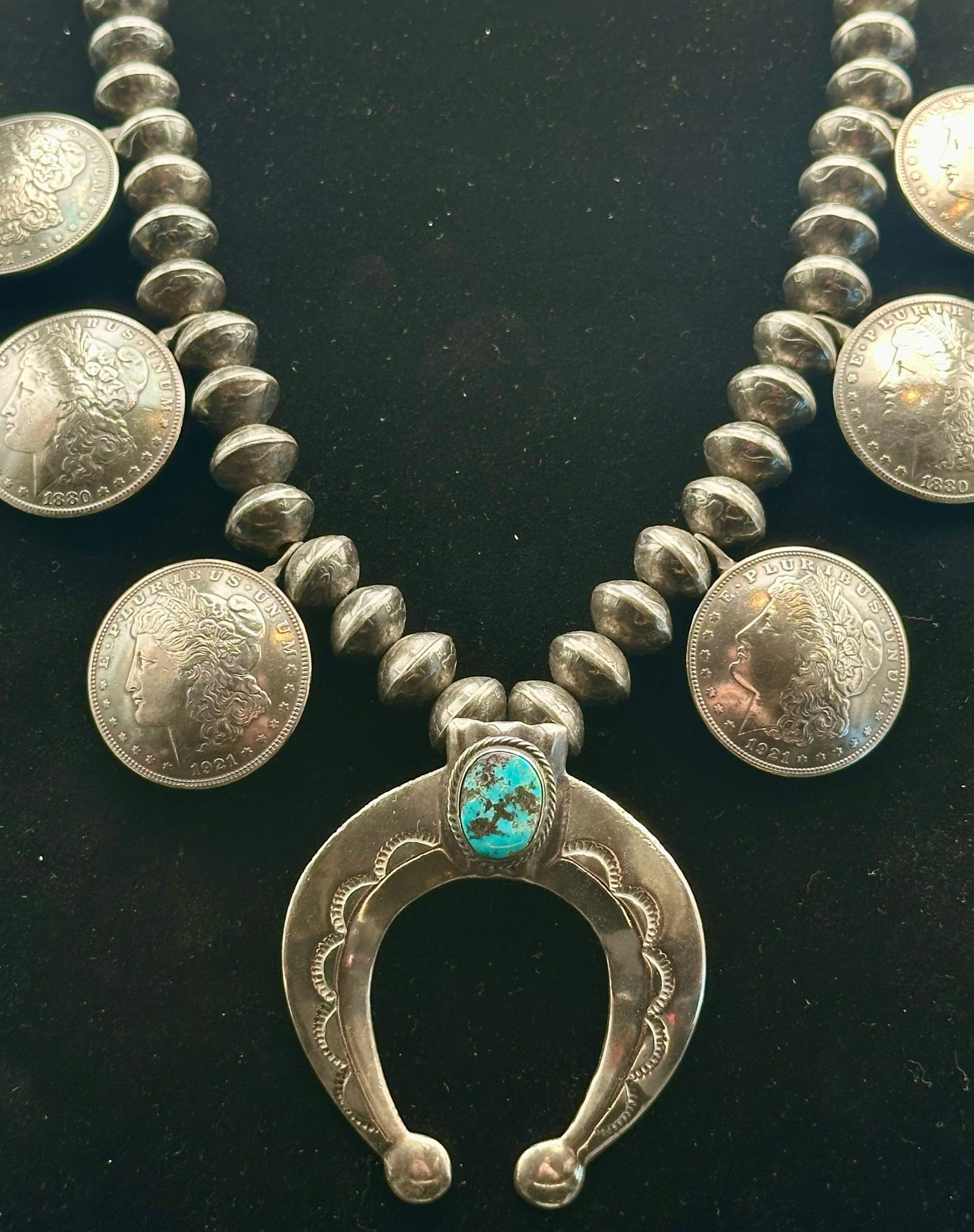 Huge Navajo Sterling Silver Morgan Dollar Squash Blossom Necklace – 478g – Turquoise Naja (1 of 13)