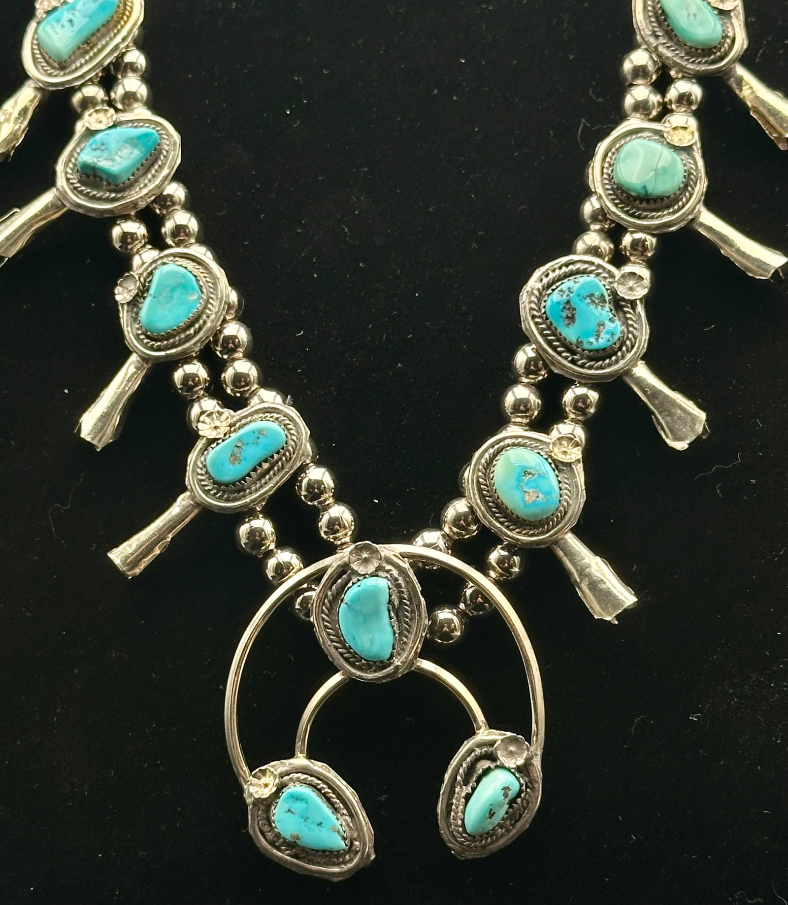 Vintage Navajo Sterling Silver Turquoise Squash Blossom Necklace – 172g – Double Strand (1 of 12)