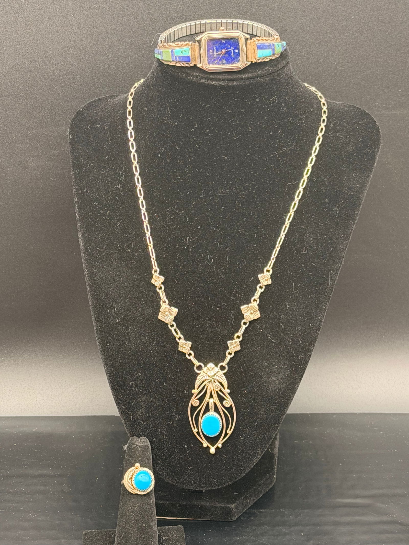 Navajo Sterling Silver Turquoise & Lapis Inlay Watch Band, necklace and ring (1 of 14)