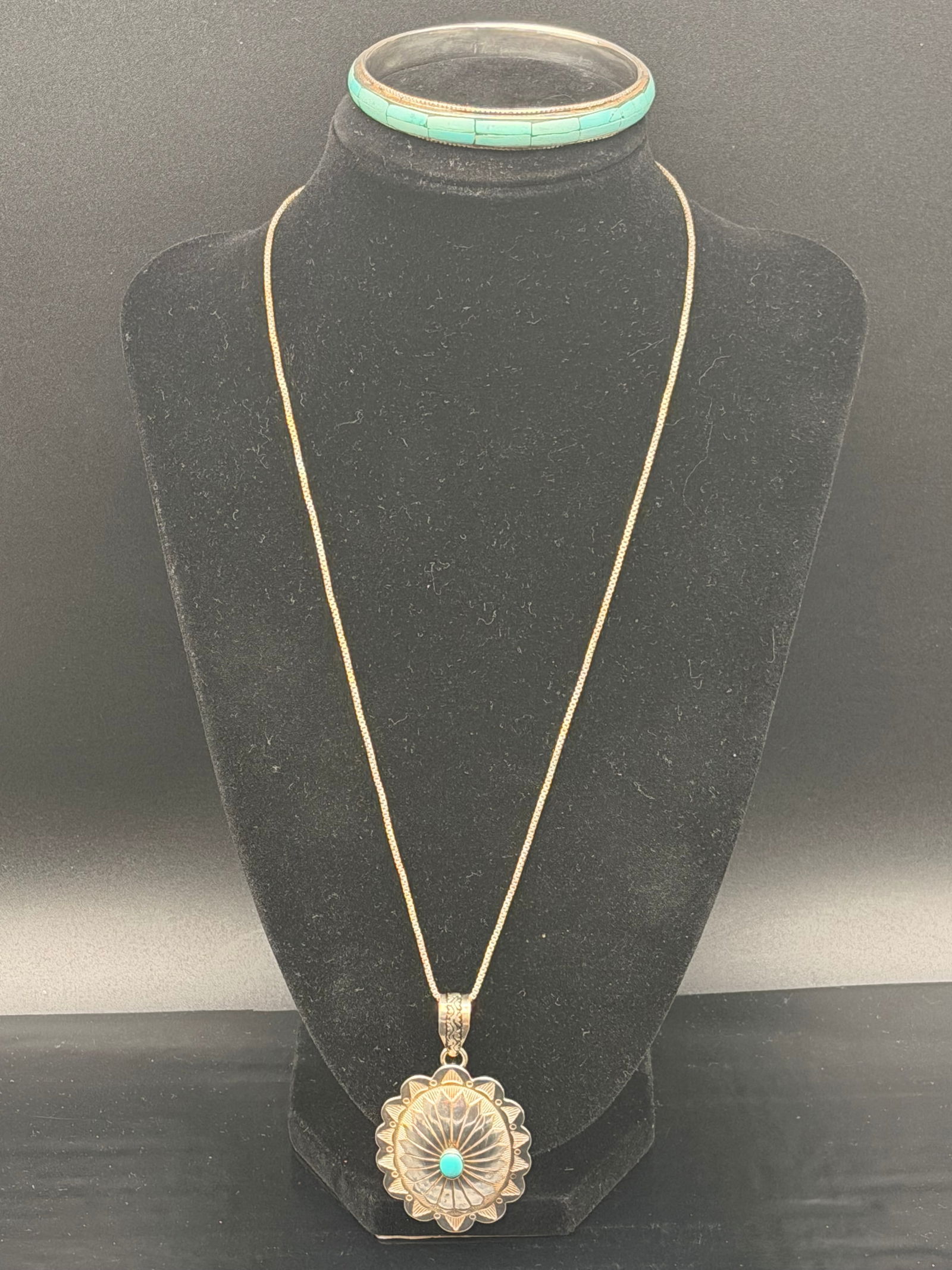 Navajo Sterling Silver Turquoise Inlay Bracelet & Concho Pendant Necklace – 35g (1 of 9)