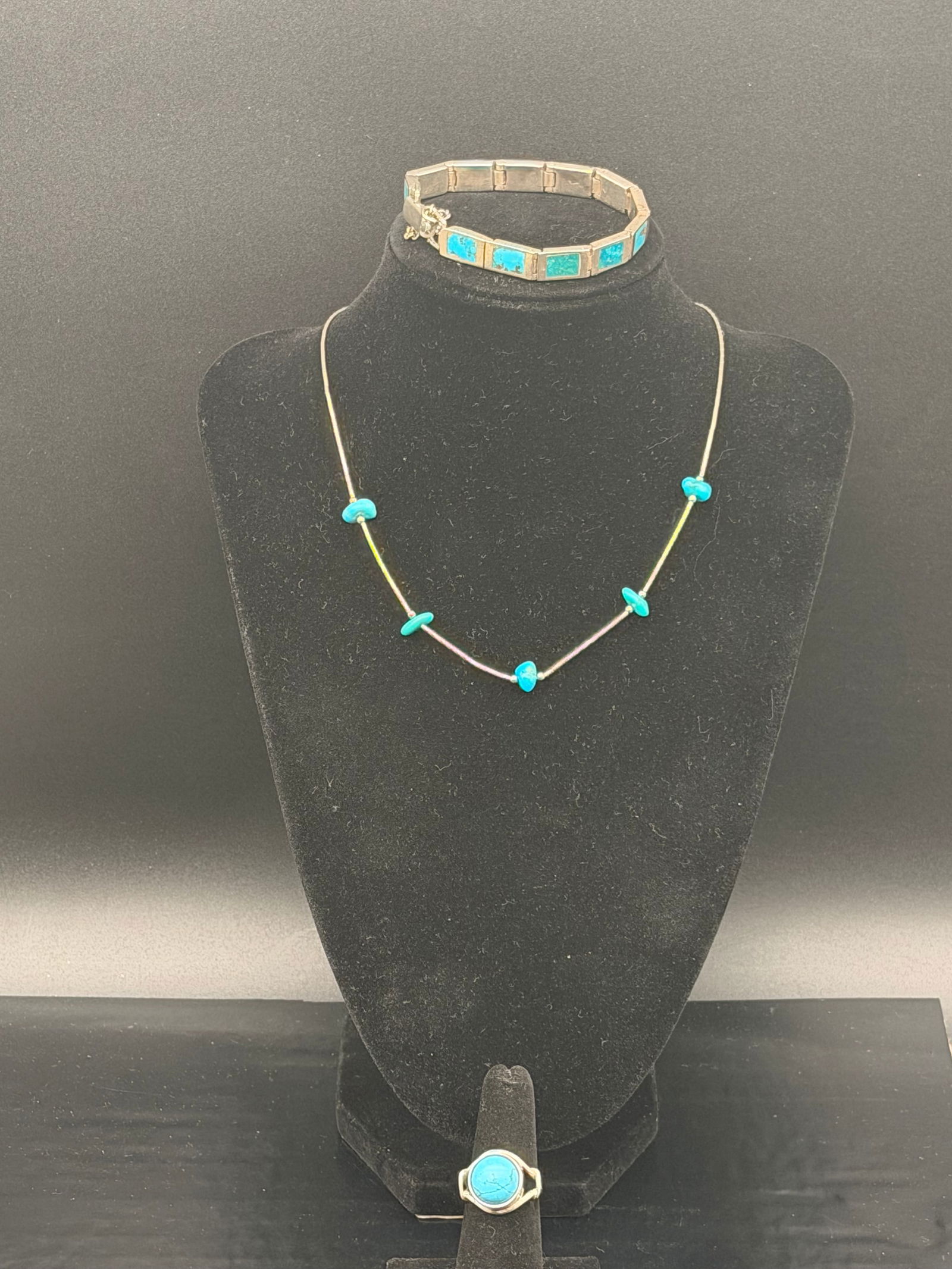 Navajo Sterling Silver Turquoise Set – Bracelet, Necklace & Ring (34g) (1 of 12)