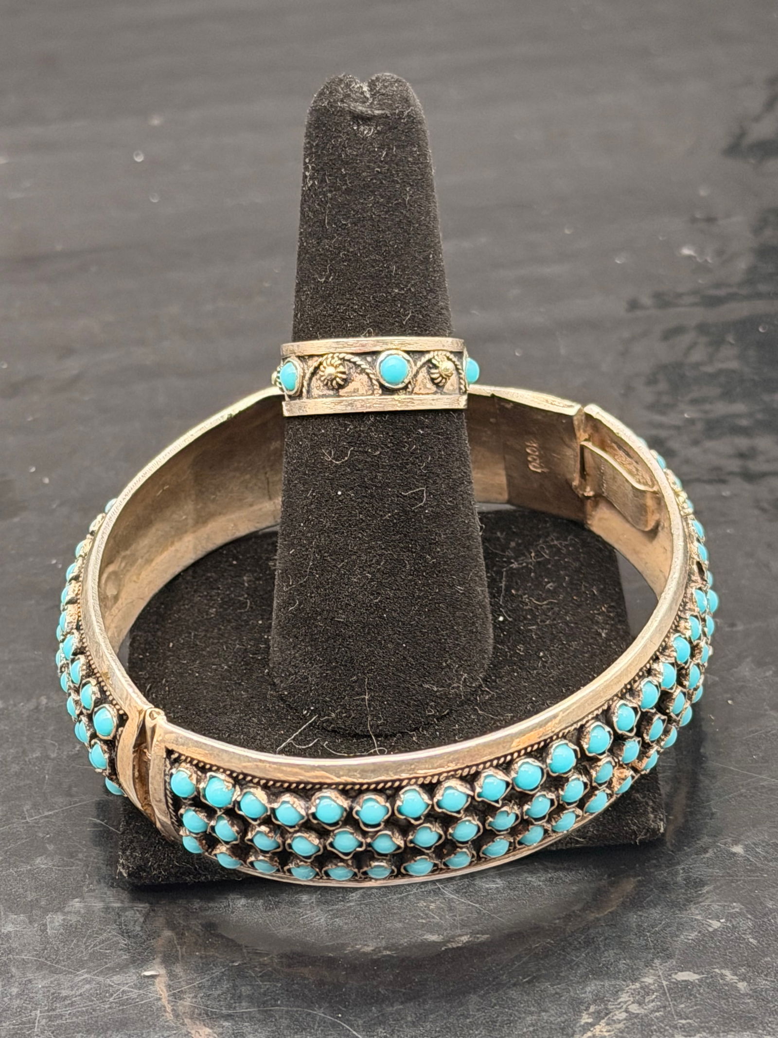 Navajo Sterling Silver Turquoise Cluster Bracelet & Matching Ring – 32g (1 of 8)