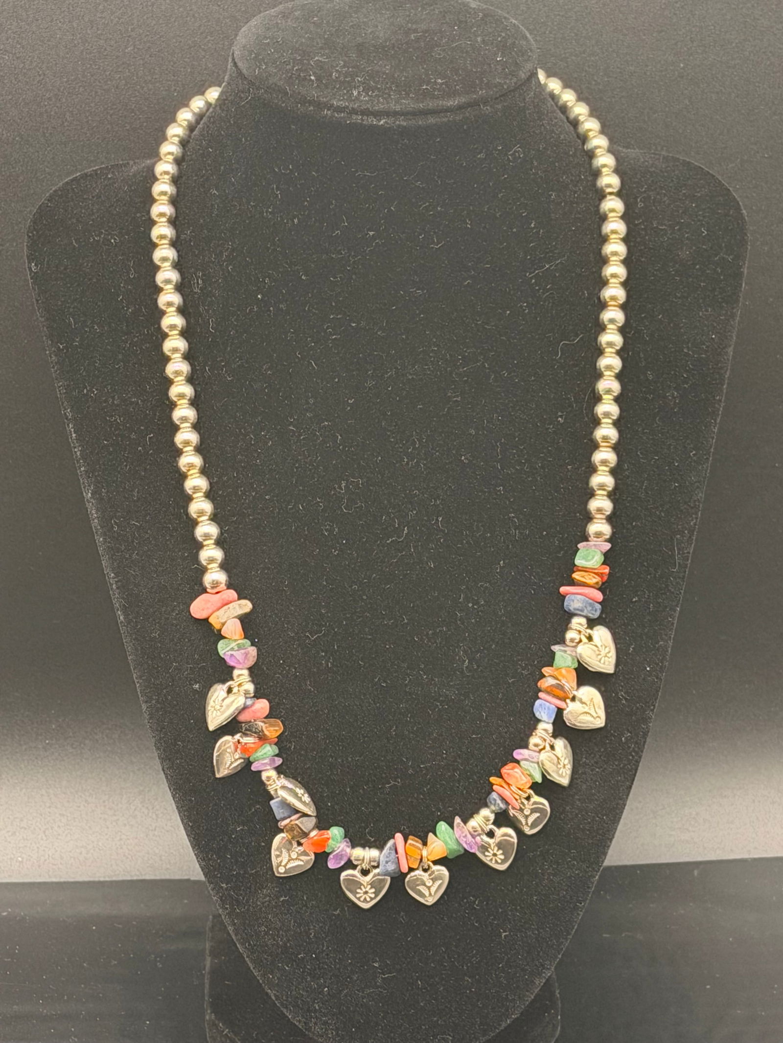 Navajo Sterling Silver Multicolor Stone & Heart Charm Necklace – 39g (1 of 5)