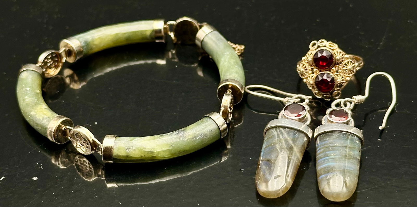Vintage 1/30 14K RGP Garnet Ring, Jade Tube Bracelet & Labradorite Earrings Lot (1 of 10)