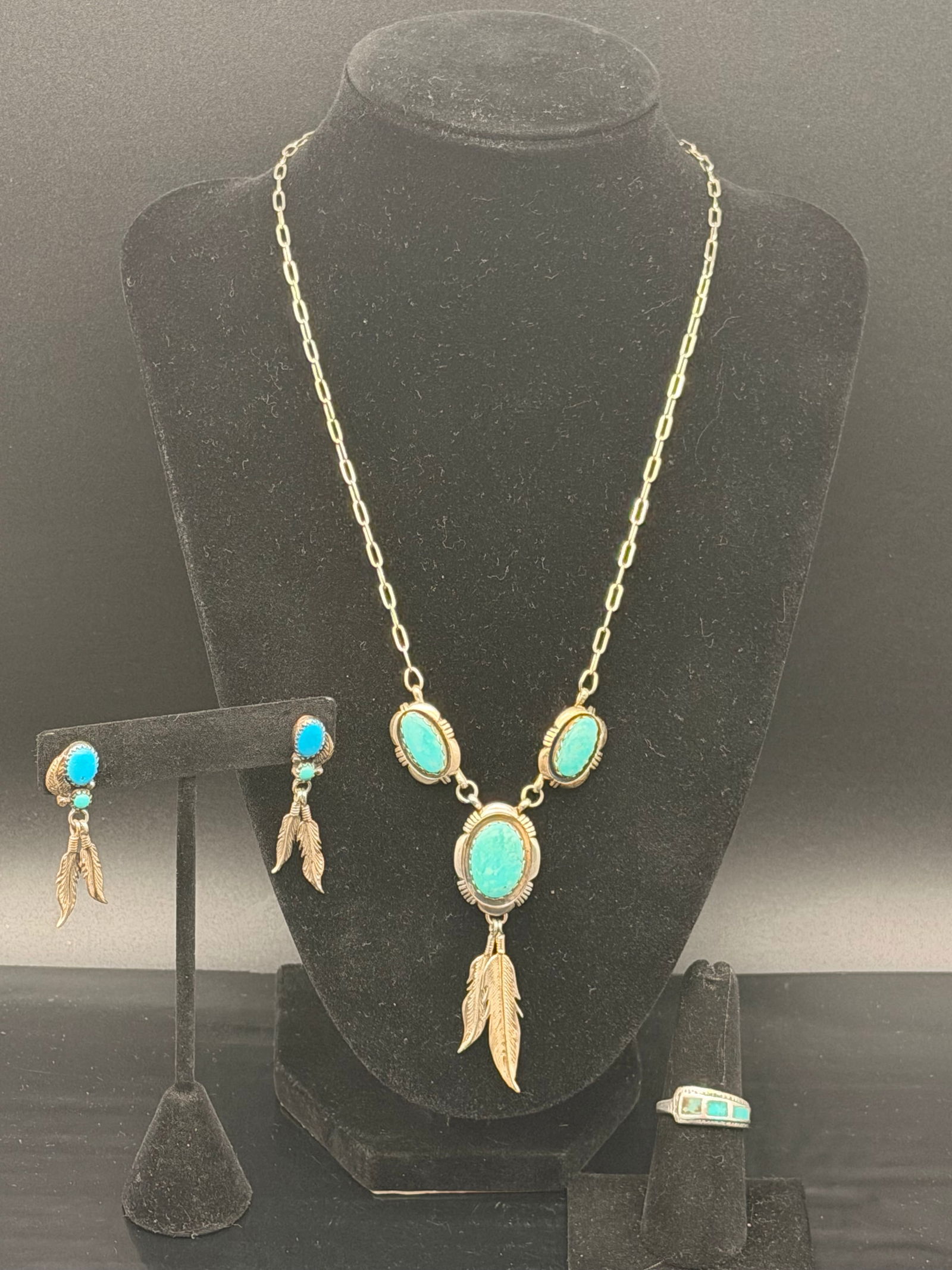 Navajo Sterling Silver Turquoise Feather Necklace, Earrings & Ring Set – 26g (1 of 12)
