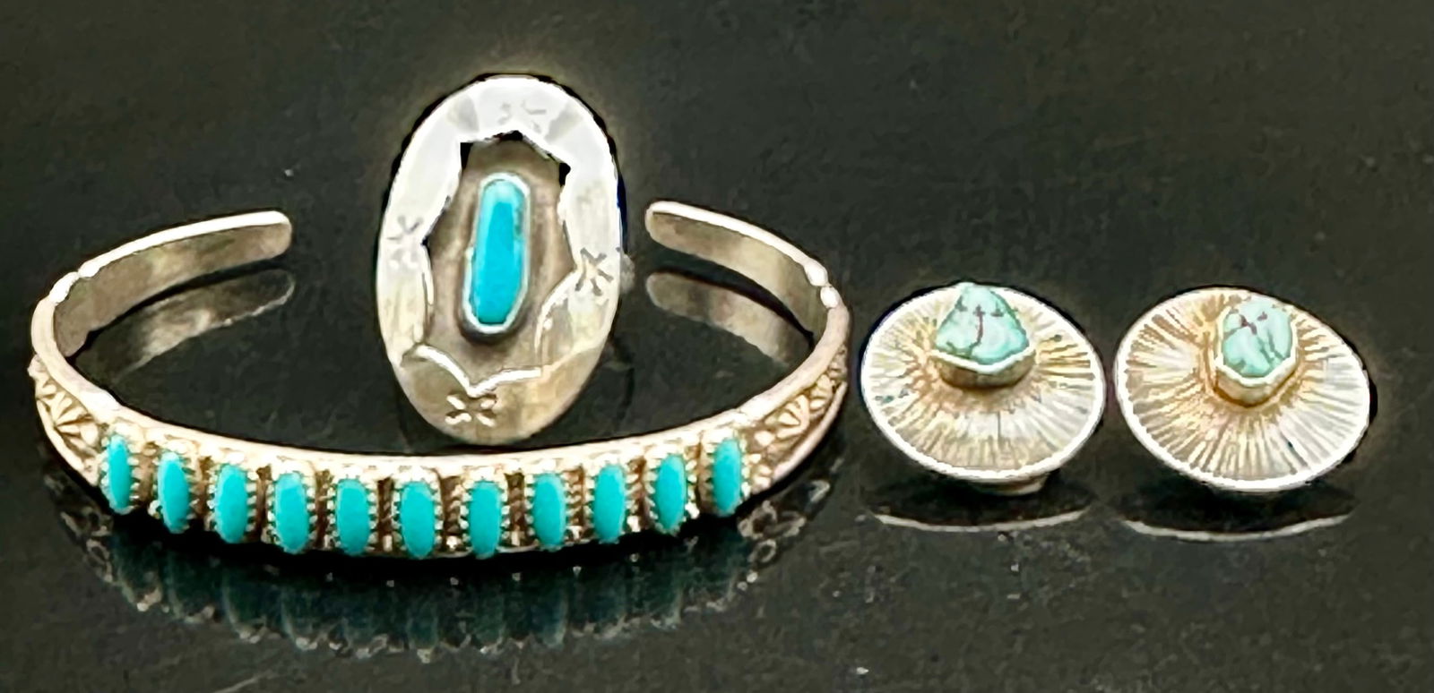 Vintage Navajo Sterling Turquoise Jewelry Lot – Cuff Bracelet, Ring & Carlos Diaz Earrings – 28g (1 of 17)