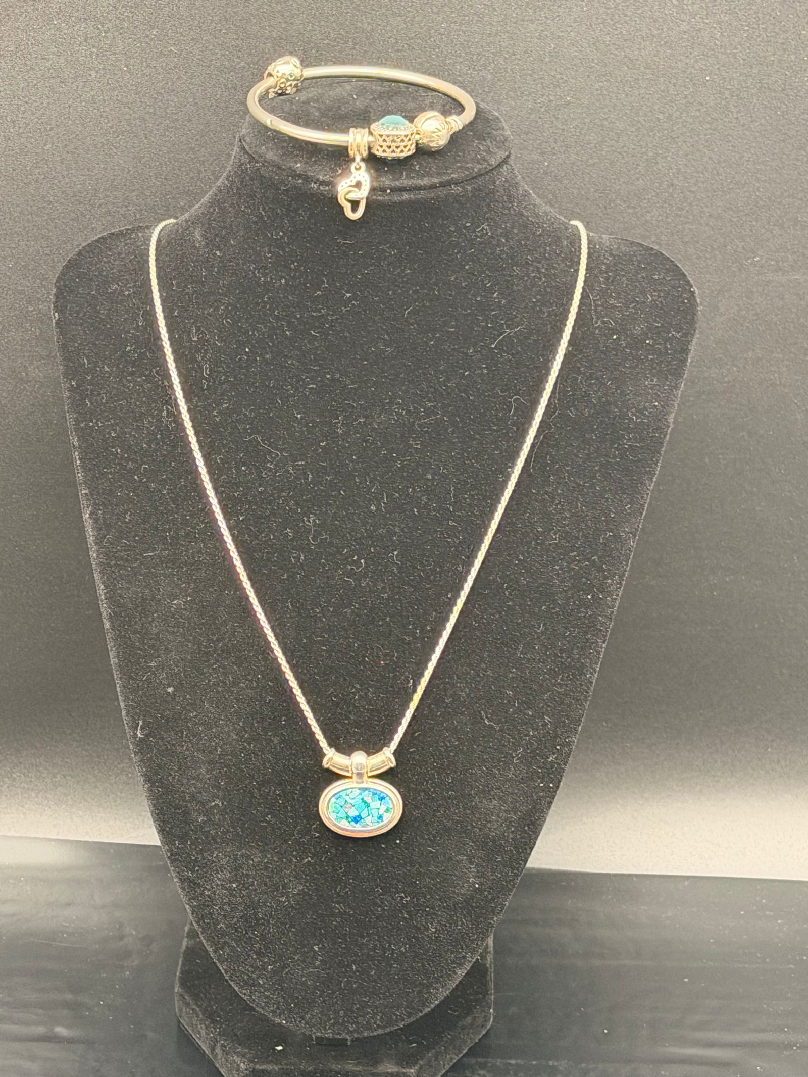 Sterling Silver Turquoise Inlay Necklace & Pandora-Style Charm Bangle – 29g Lot (1 of 10)