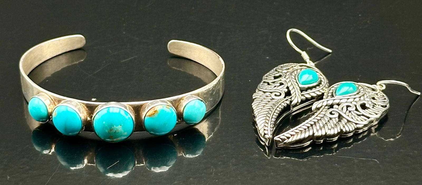 Sterling Silver & Turquoise Bracelet + Wing Earrings Set – 30g – Marked 925 (1 of 10)